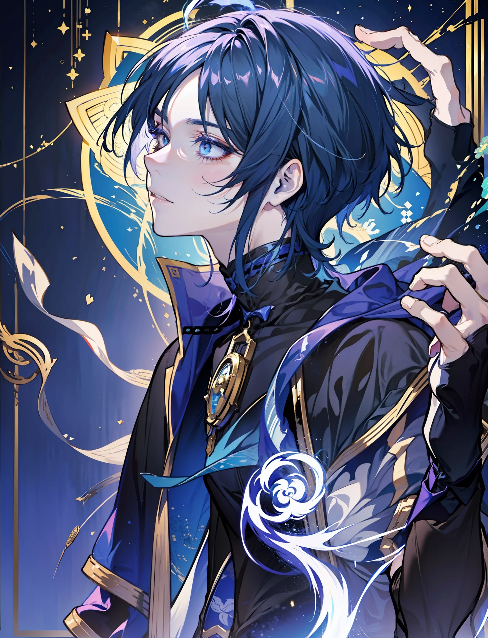 Wanderer , tarot card, Lightning background, arms crossed, standing up, Genshin Impact, um homem, 独奏, blue hair, Good quality, gold background, Purple background, character in the middle, legs standing together,, 1boy, portrait