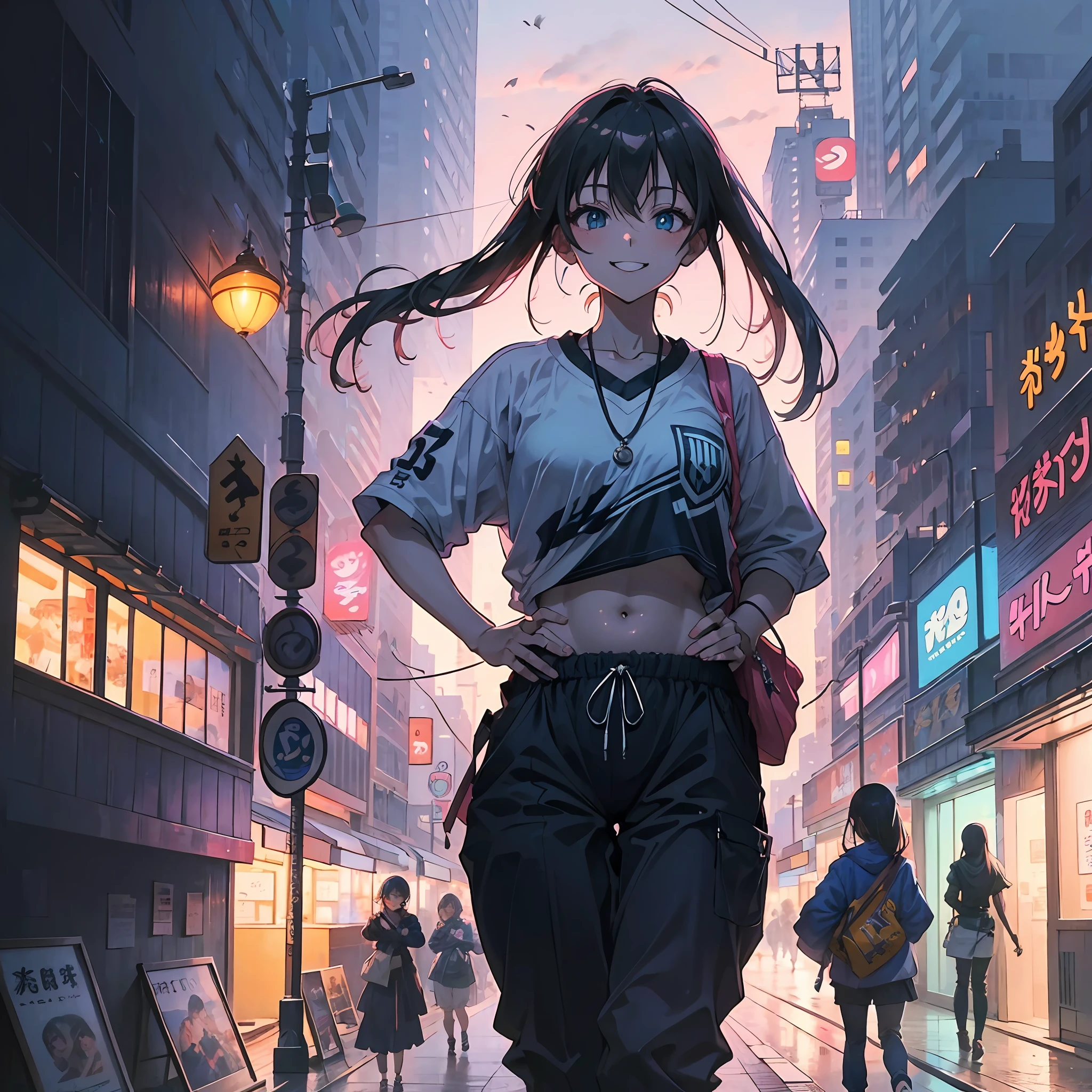 Cute girl standing, low-angle, girl focus, (1girls:1.3), Bangs,winked,neckless , (Sports jerseys + Black pants), ultra detaild, Crystal Blue Eyes,Slender, masterful technique, joints, Long hair, animetic, Solo, Dark hair, High quality, Masterpiece,detailed syberpunk, neotokyo, Downtown, Neon Street, morning, (Nice sagging belly + wide hip),[wide hip] , smile with teeth, ((Smile with eyes)),Beautiful girl, [Detail Face], detail hands, ultra detail eyes,sexy facial expression, pink colored backlight