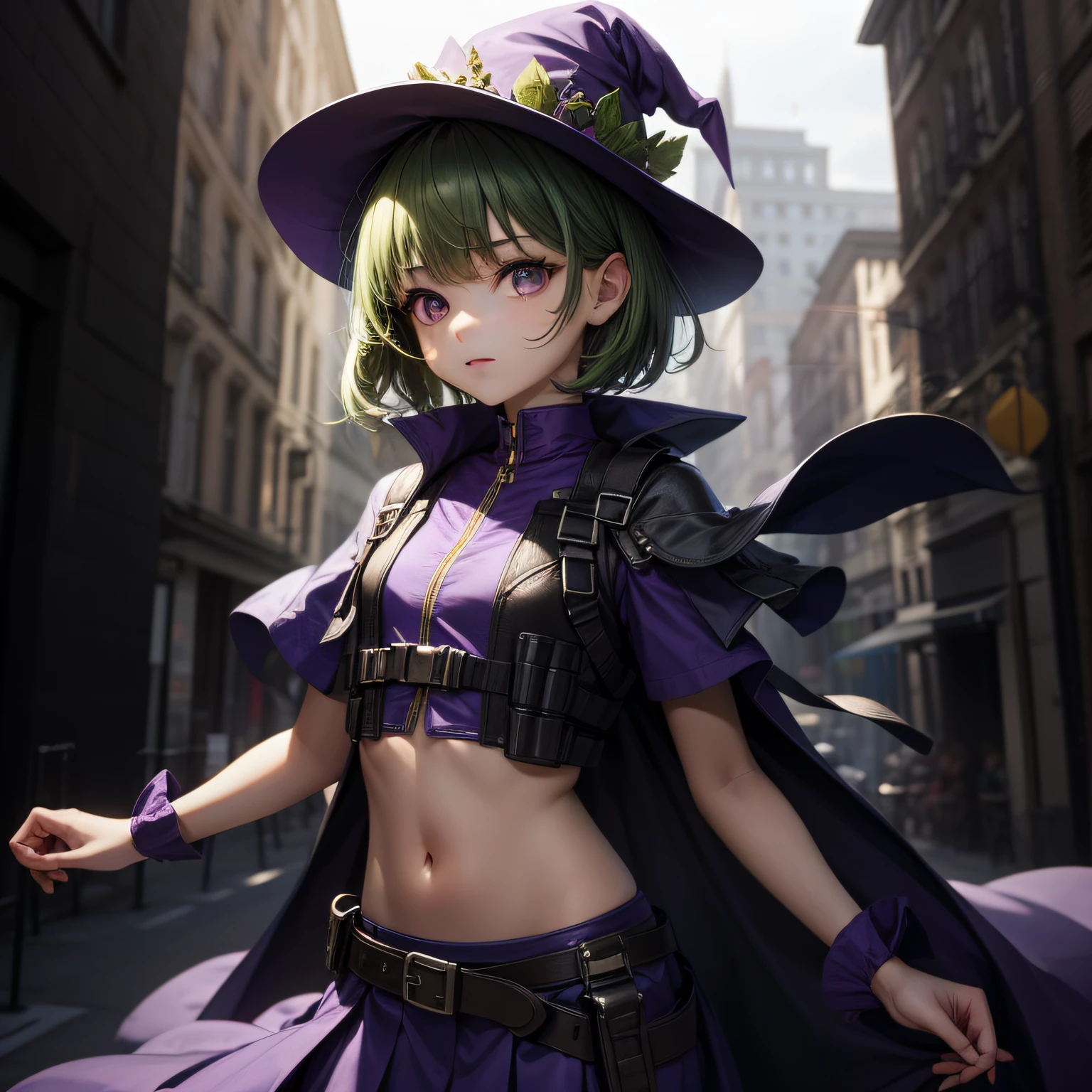 Top quality, very delicate and beautiful, (age girl), purple eyes, green hair, small, short hair, (purple pointy hat), one, tactical vest, short sleeves, purple skirt, purple wizard robe, navel
