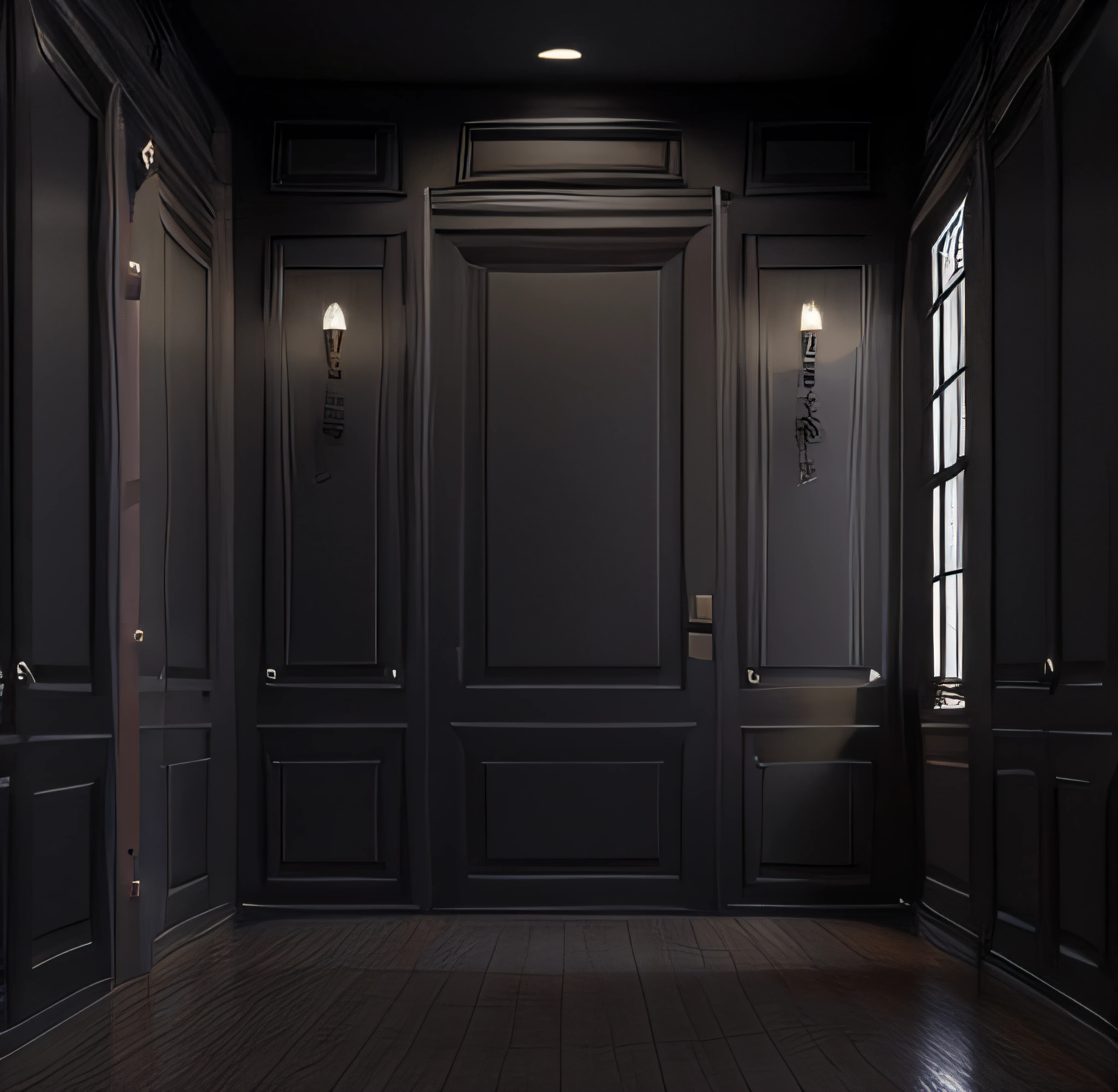 a dimly lit room with black walls and wood paneling, empty room with black walls, in an empty black room, room of a dark mansion, harmony black room, dark classic interior, Interior oscuro, pitch black room, dark room wall, paredes negras, Suelo negro, in a black room, very dark room, Fondo mate. Motor irreal, Color de fondo de estudio negro