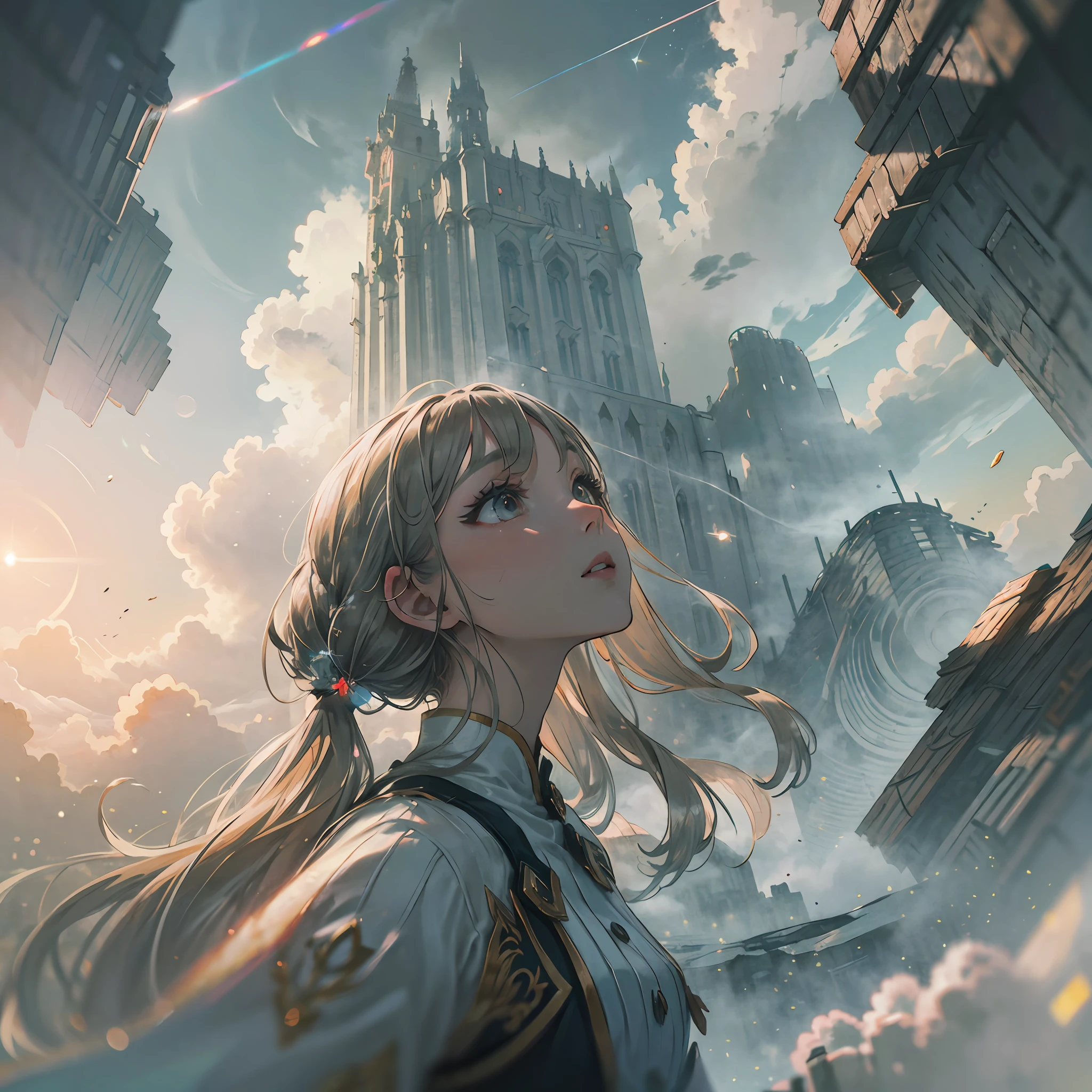 (award winning 64k concept art:1.3) of (young woman looking up from the tower standing over towers over clouds:1.2), close to camera, sweet, front, epic, (masterpiece:1.4), (best quality:1.4), Amazing, beautiful, finely detailed, (Depth of field:1.4), extremely detailed 64k, fine art, stunning, (light reflections:1), (crisp:1.6), twin tails, vibrant, (edge detection:1.4), absurdres, impressive, 120mm, clear, lens flare, symmetrical clothes, wide shot, wide angle, fantasy towers over the clouds, dreamy, colorful