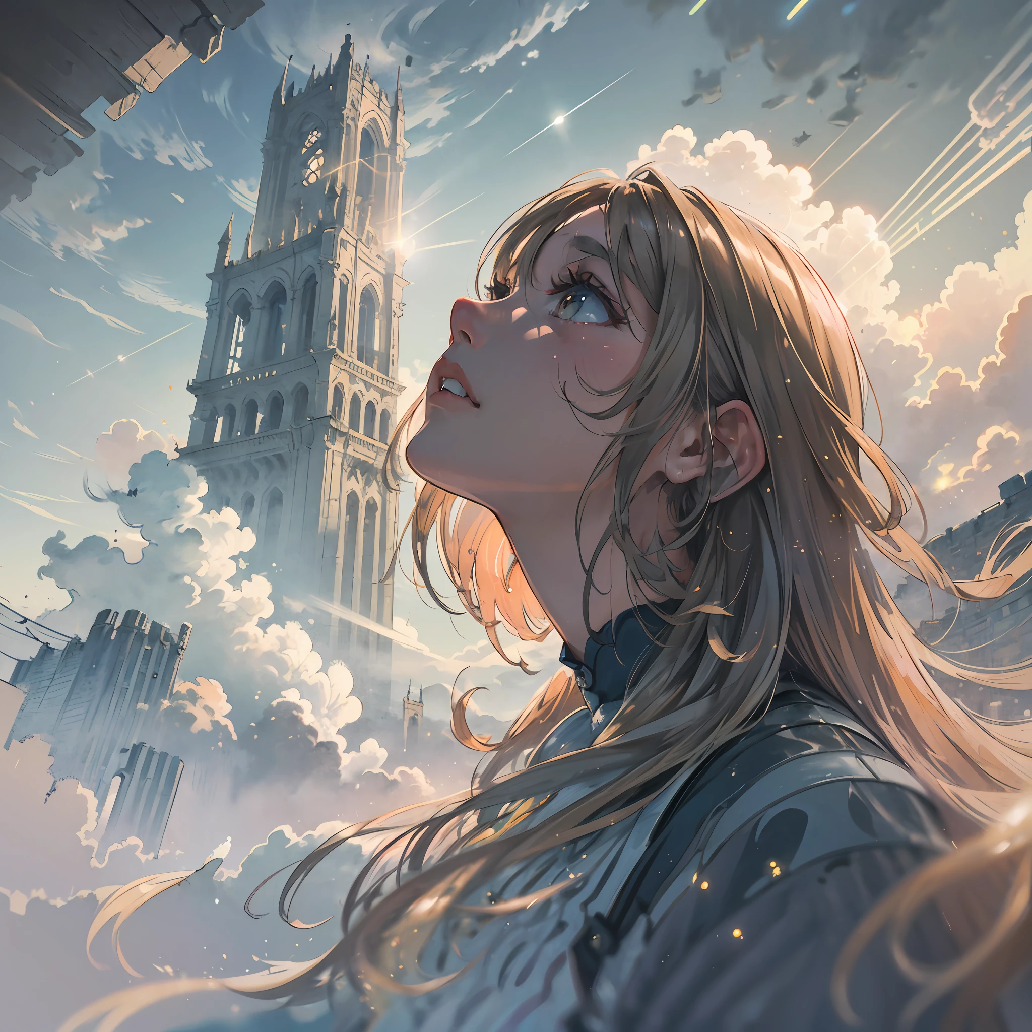 (award winning 64k concept art:1.3) of (young woman looking up from the tower standing over towers over clouds:1.2), close to camera, sweet, front, epic, (masterpiece:1.4), (best quality:1.4), Amazing, beautiful, finely detailed, (Depth of field:1.4), extremely detailed 64k, fine art, stunning, (light reflections:1), (crisp:1.6), twin tails, vibrant, (edge detection:1.4), absurdres, impressive, 120mm, clear, lens flare, symmetrical clothes, wide shot, wide angle, fantasy towers over the clouds, dreamy, colorful