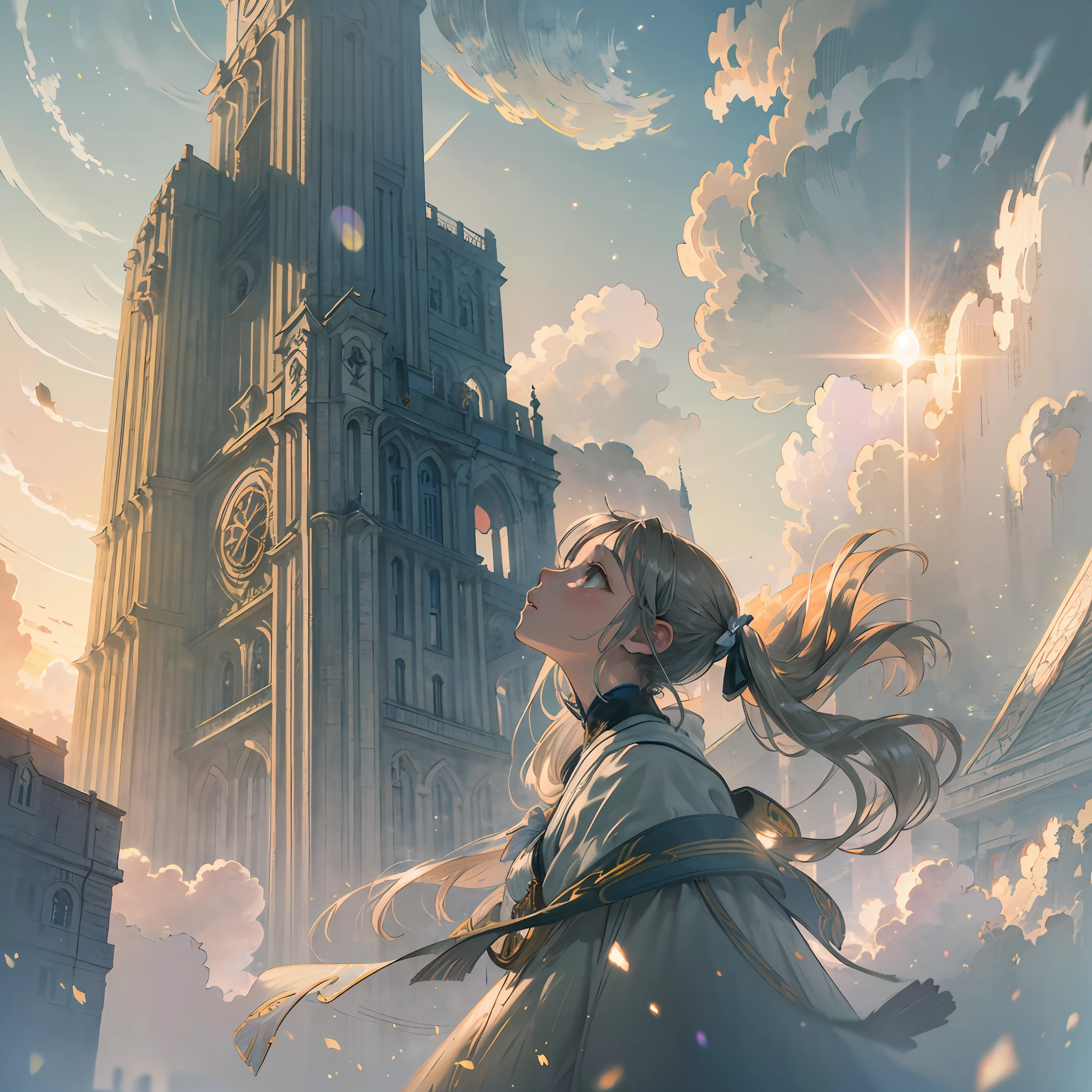 (award winning 64k concept art:1.3) of (young woman looking up from the tower standing over towers over clouds:1.2), close to camera, sweet, front, epic, (masterpiece:1.4), (best quality:1.4), Amazing, beautiful, finely detailed, (Depth of field:1.4), extremely detailed 64k, fine art, stunning, (light reflections:1), (crisp:1.6), twin tails, vibrant, (edge detection:1.4), absurdres, impressive, 120mm, clear, lens flare, symmetrical clothes, wide shot, wide angle, fantasy towers over the clouds, dreamy, colorful