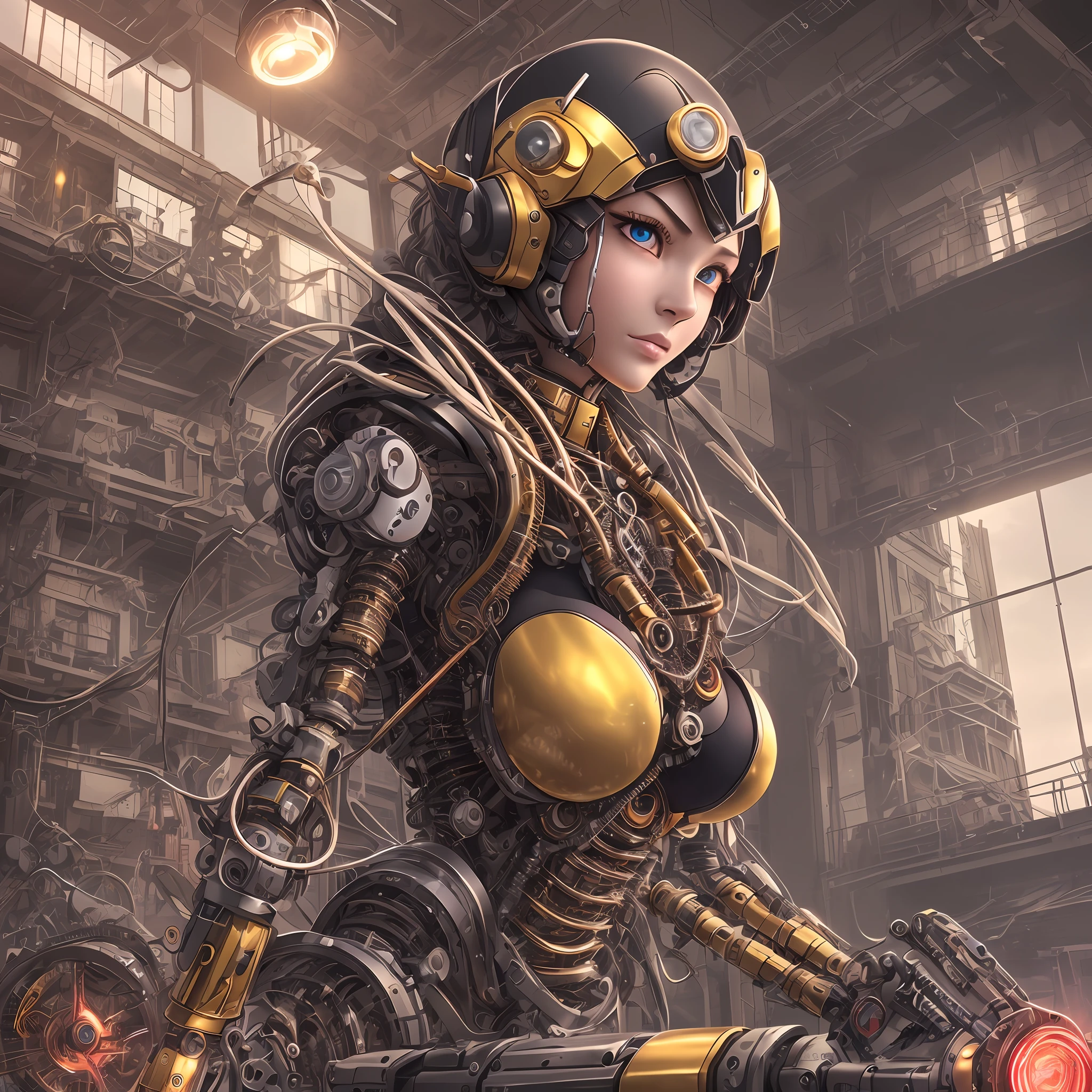 HighestQuali、巨作、UltraHighResolution、(photorealestic:1.4)、Raw photo、女の子1人、Black hair、glowy skin、1 Mechanical Girl、((hyper-realistic details))、The left half of the body is mechanical、The right half of the body is alive、portlate、Global Illumination、Shadow、Rendu octane、in 8K、ultrasharp、HugeBoobs、Raw skin is exposed in cleavage、metals、Details of complex ornaments、Analog Meter、cog、gear、Golden hydraulic cylinder、high intricate details、Realistic light、purple colored eyes、glowing eye、Facing the camera、neon details、Mechanical limbs、blood vessels connected to tubes、Mechanical vertebrae attached to the back、mechanical cervical attaching to neck、sitting on、Wires and cables connecting to the head、Gundam、Small LED lamp、Luminous tube、 --auto
