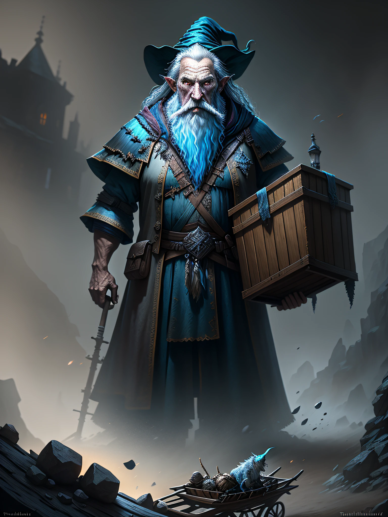 an old wizard doing spells, emphasis on its action, texturas ultra detalhadas, layers of textures faithful to reality, Professional  lighting, detalhamento realista
