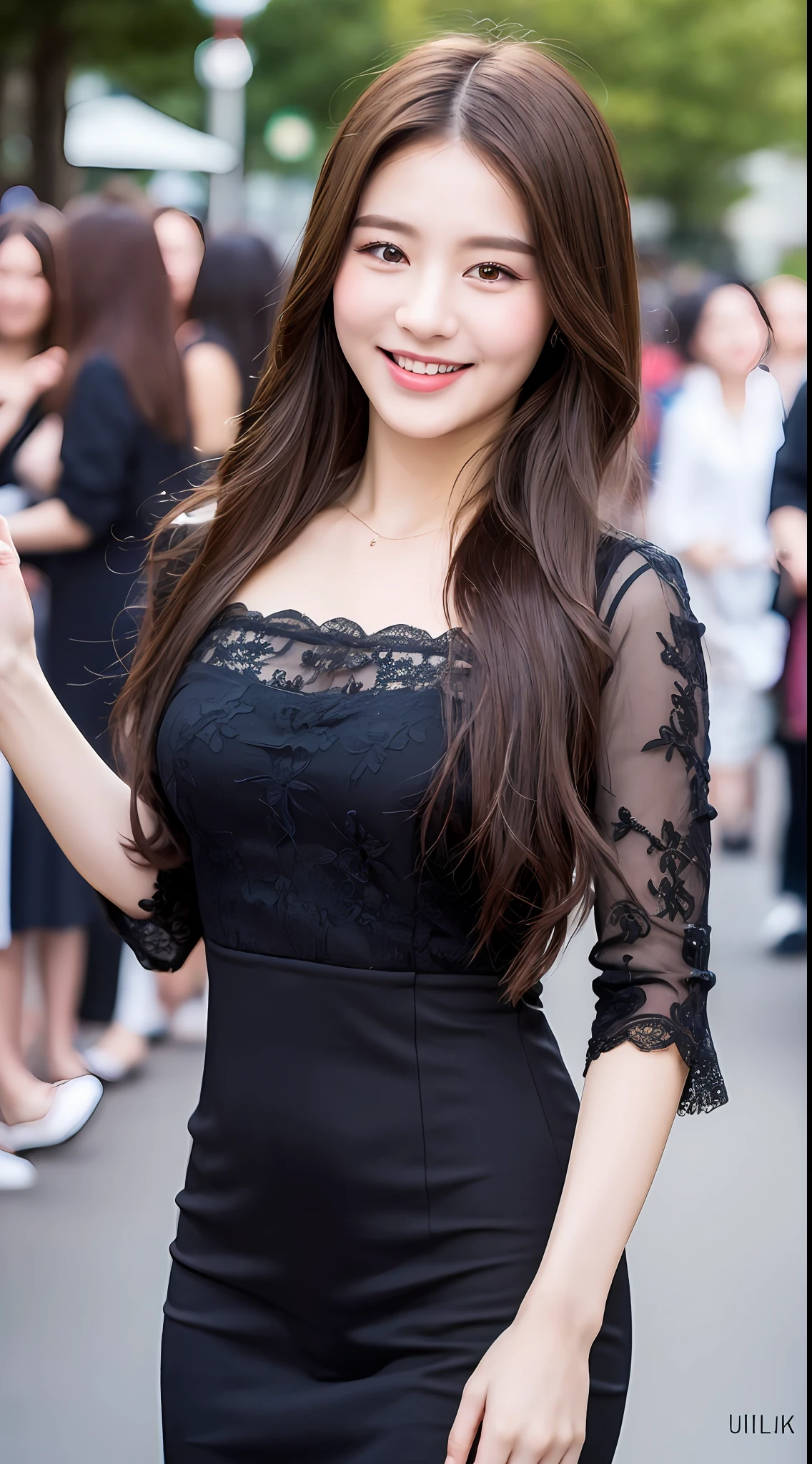 ((Best quality, 8k, Masterpiece :1.3)), 1girl, smiling, full body, slim face, Pretty woman, (Dark brown hair), full length dress :1.1, Ultra-detailed face, Detailed eyes, Double eyelid, blur background, slim face, city, outside, street,