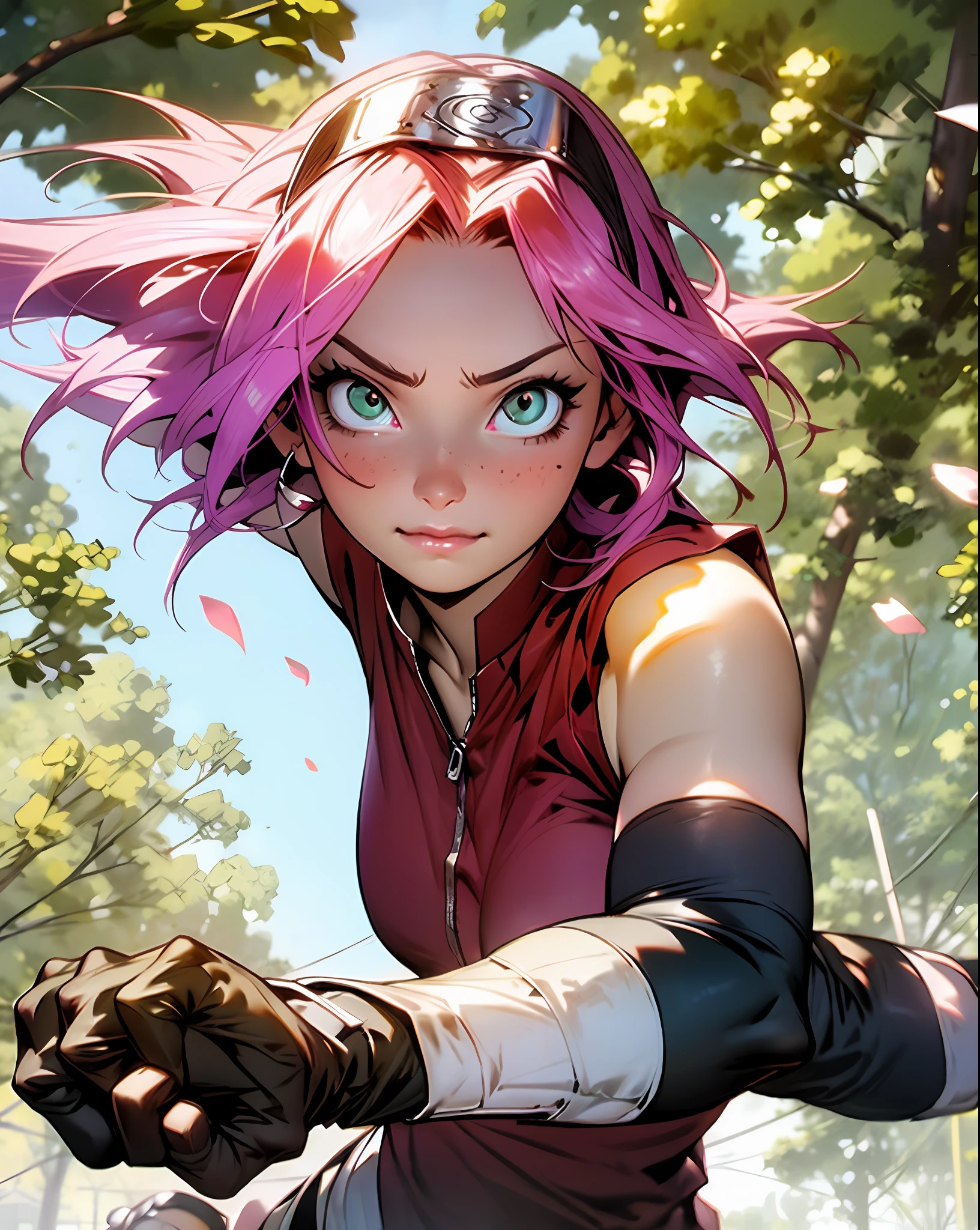 haruno sakura, naruto \(series\), naruto shippuuden, anime art style, masterpiece, 

looking at viewer, upper body, 

fighting pose, clenched hands, closed hands, contracted fingers, arm stretched out, raised fist, about to punch, detailed fist,  focus fist,

red shirt, shirt, short hair, sleeveless, sleeveless shirt, forehead protector, hairband, konohagakure symbol on hairband, 

1girl, solo, bangs, breasts, closed mouth, elbow sleeve, eyes visible through hair, floating hair, foreshortening, green eyes, hair intakes, parted bangs, pink hair, small breasts, v-shaped eyebrows, detailed background, outdoor, cherry blossoms, sky, cloud, wind, day, sunlight,