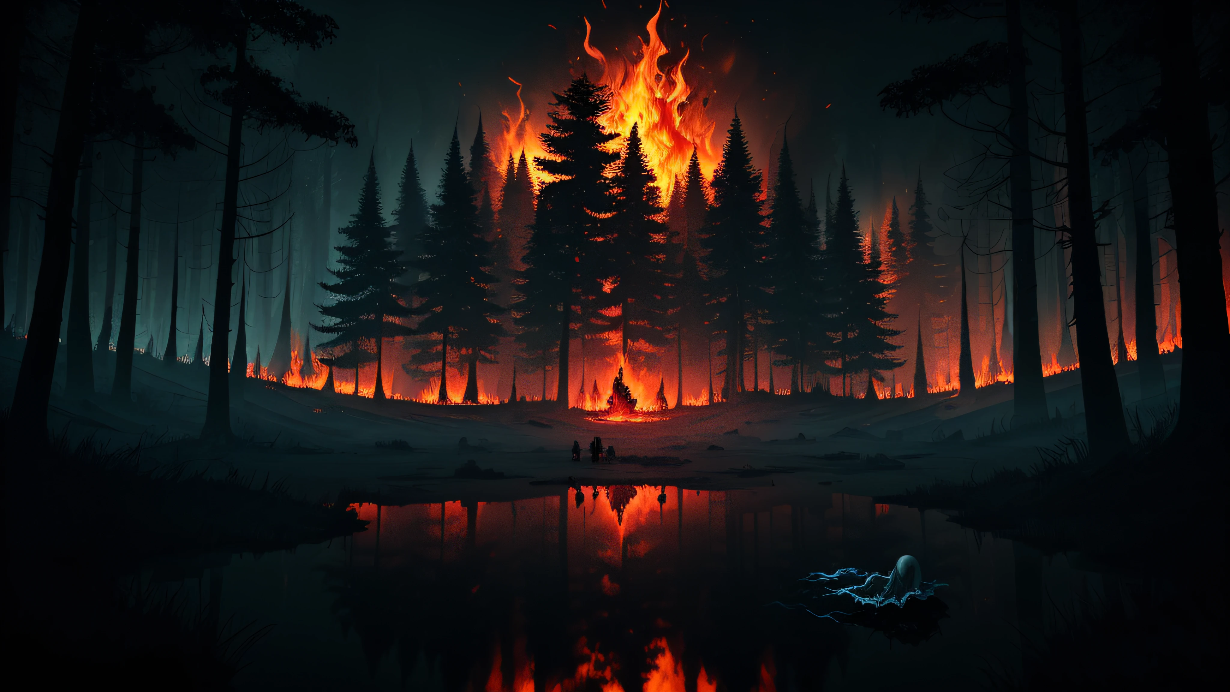 a campfire in the woods with a full moon