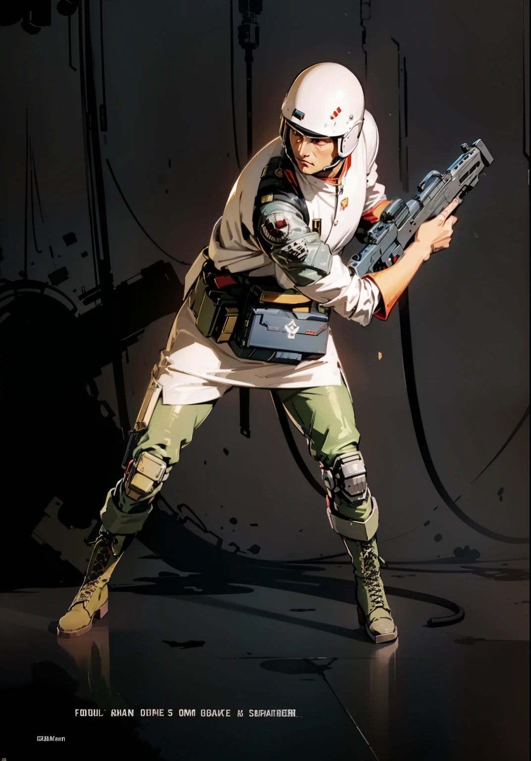 Futuristic soldier man holding a gun, Japanese, Futuristic clothing, Cyberpunk military boots, highly elaborate, highly detailed,Standing, multi colored