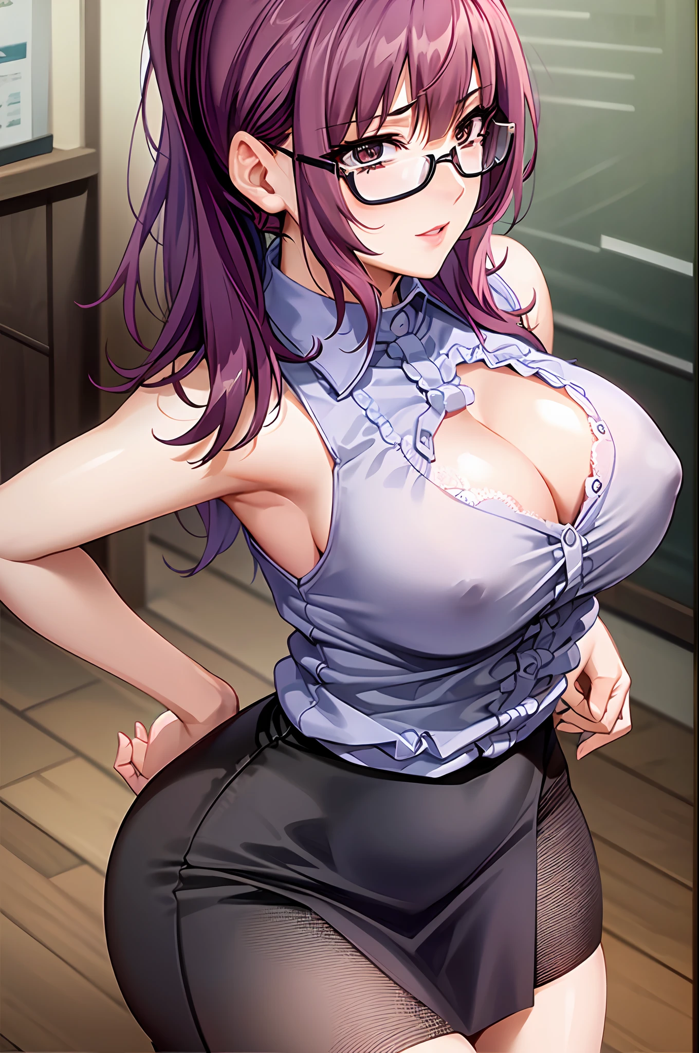 (masterpiece:1.2), (best quality:1.2), ((solo)), Yamasaki Suzuko, mature female, female teacher, milf, long hair, ponytail, lipstick, makeup, under-rim eyewear, sleeveless, sleeveless shirt, lace trim, white shirt, pencil skirt, highheels, wide hips, thick thighs, medium breast, looking at viewer, detailed hair, ultra detailed face, perfect eyes, perfect face, classroom