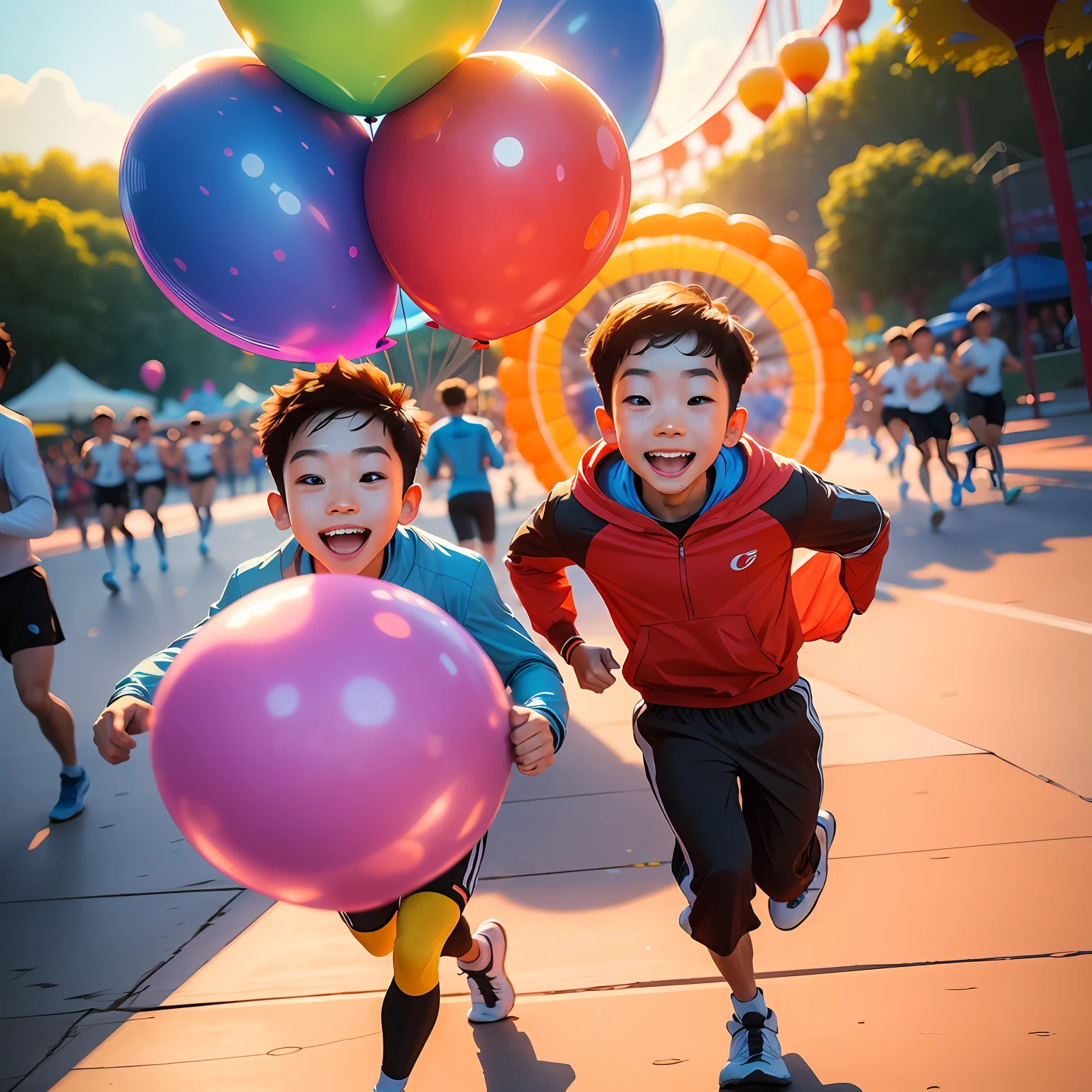 (SFW), two running boys, amusement park, holding balloons, happy, happy, perfect quality, clear focus, colorful, perfect face, intricate details, ultra-low viewing angle, wide angle lens --auto --v 6
