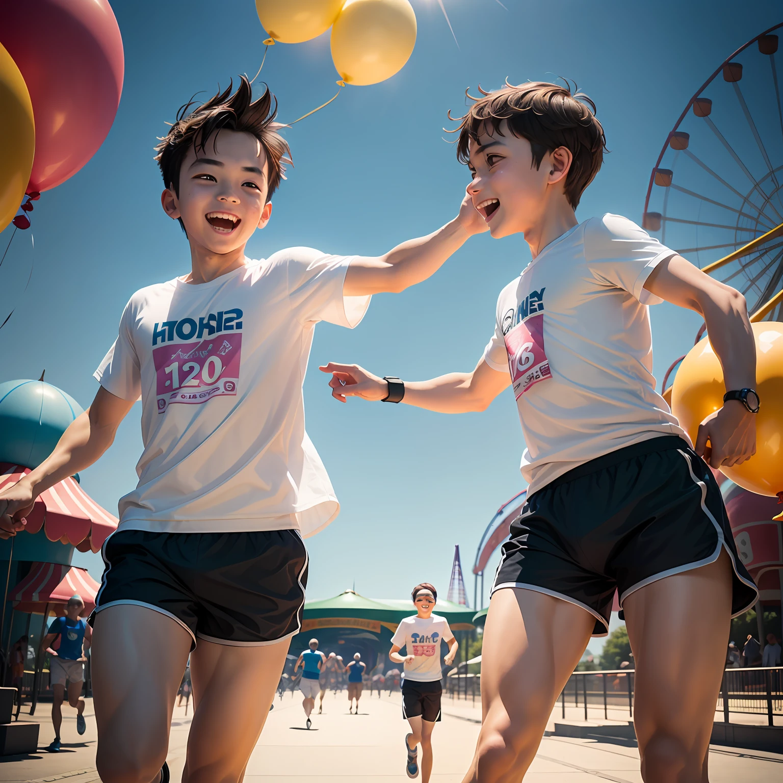 (SFW), two running boys, amusement park, holding balloons, happy, happy, perfect quality, clear focus, colorful, perfect face, intricate details, ultra-low viewing angle, wide angle lens --auto --v 6