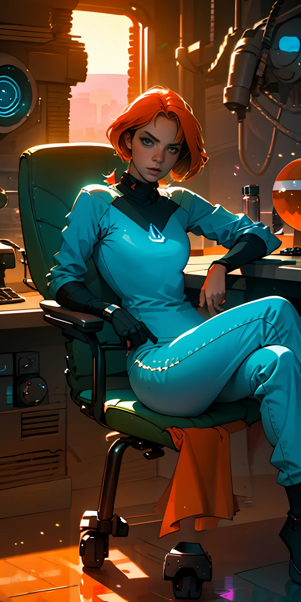 ((high-tech theme)), small hip, high detail, realistic, photo quality, high quality, (photorealistic:1.4), ((science fiction)), woman, (Caucasian: 2.4), ((sitting on a chair)), a computer on the desk and a keyboard on her lap, laurie greasley, cyberpunk art, space art, mecha pilot girl, kind face, 1girl, by the desk, inside, slim body, body suit, good hands, balanced body, professional, relaxed pose, defined eyes, brown eyes, defined face, balanced face, clear facial features, (Caucasian: 1.9), futuristic office, sci-fi environment, futuristic room, comfortable chair, all limbs visible, both feet visible, ((casual clothing)), desert town in the background, ((((scorching heat, orange light, harsh sunlight, desert climate)))), crossed legs