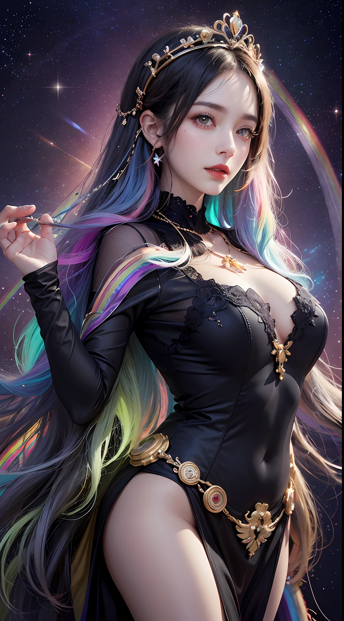 1 27-year-old girl, 1 zodiac goddess from the future, 12 zodiac goddess pink purple, 12 zodiac goddess face sexy thin yellow nightgown, long thin nightgown 12 zodiac many limbs sexy black lace detail, mythical goddess of the 12 zodiacs from the future, zodiac ♏, luxurious glittering zodiac style, dark and mysterious version, zodiac crown, lipstick red lips, thin and pretty lips, don't smile, keep your mouth shut, characters created by karol bak and pino daeni, intricate detail, detailed background, extremely detailed, light magic, a woman, clear face, looking at the upper body of the goddess of the zodiac, round breasts, big and round breasts, phoenix hair brooch, long hair with bangs, (Long hair has 7 colors like rainbow:1.9), beautiful detailed face and well-proportioned eyes, (transparent yellow eyes: 1.8), big round eyes and very beautiful and detailed makeup, visionary, long silk nightgown, mysterious makeup, Bracelets, side bangs and dye pale yellow, upper body, (zodiac goddess upper body: 1.8), drooping arms, Realistic and vivid photo, (stars that make up the zodiac: 1.7), ( sky zodiac and fictitious space and time portal: 1.8), fiction art, RAW photo, hanfu photo, best photo , high_res, best quality, best photo, 8k quality, 8k ultra , surrealism, the most economical real photo, artistic portrait of 12 zodiac signs, 1 symbol of 12 zodiac signs behind, single portrait of 12 zodiac goddess, The most realistic color scheme, best photo color, masterpiece, hair ornament, necklace, jewelry, Beautiful face, upper body, tyndall effect, photo realistic, dark studio, border light, two tone light, (detailed skin) high: 1.2), 8k uhd, dslr, soft light, high quality, volumetric light, candid, Photo, high resolution, 4k quality, 8k, Bokeh, Smooth and sharp, pixel up 10 times, Charming zodiac goddess, sexy zodiac goddess, (background space: 1.8), (galaxy: 1.7), aurora, lightning, (Aurora Background: 1.8) <lora:locon_perfecteyes_v1_from_v1_, beautiful goddess and flowers,