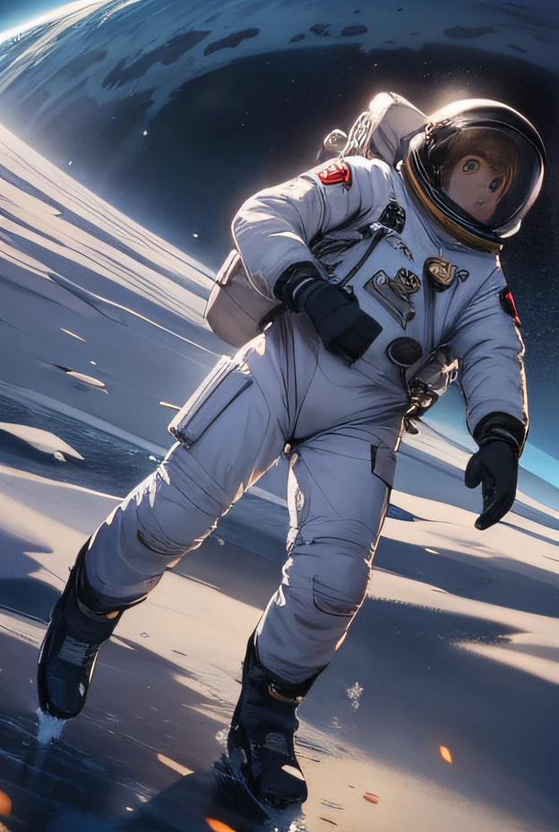 a women,Female astronauts walk the planet with backpacks in hand, astronaut walking, walking across ice planet, astronaut stranded on planet, astronaut standing looking, standing in outer space, The astronaut, detailed astronaut, The astronaut, astronaut in space, An astronaut, movie poster character, Spacesuit, inspired by Aleksandr Gerasimov, an astronaut lost in the ocean,There are clouds on the ground