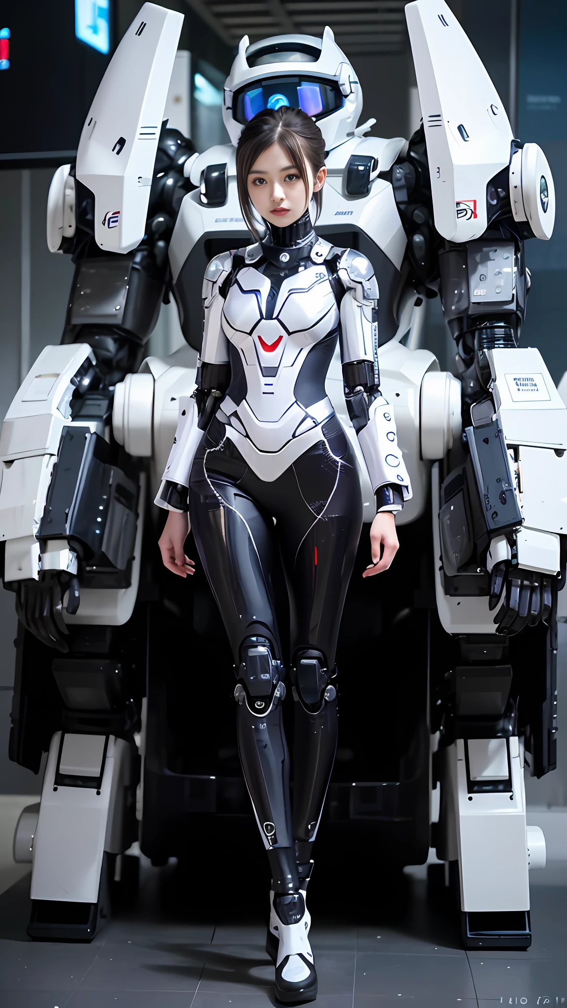arafed woman in a futuristic suit standing in front of a giant robot, porcelain cyborg armor, girl in mecha cyber armor, gynoid cyborg body, cyber suit, diverse cybersuits, perfect anime cyborg woman, girl wearing robotic suit, beautiful white girl cyborg, anime robotic mixed with organic, cyborg fashion model, styled like ghost in the shell