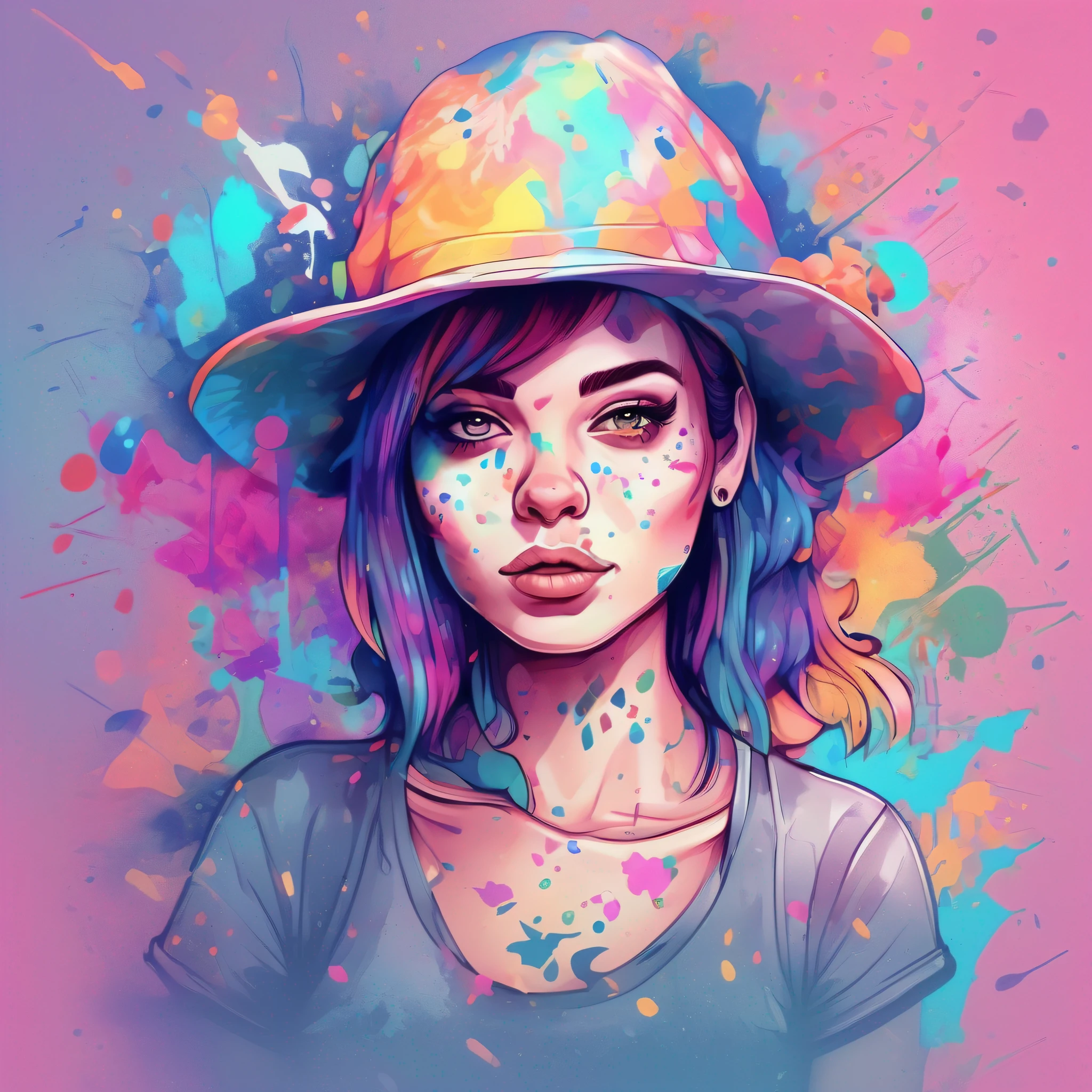 A detailed illustration of a beautiful girl, wearing a hat, the girl have tattoos in the arms, psychedelic artsyle, t-shirt design, splatter artstyle, pastel tetradic colors, 3D vector art, fantasy art, watercolor effect, Adobe Illustrator, hand-drawn, digital painting, low-poly, soft lighting, isometric style, retro aesthetic focused on the character, 4K resolution, photorealistic rendering, using Cinema 4D