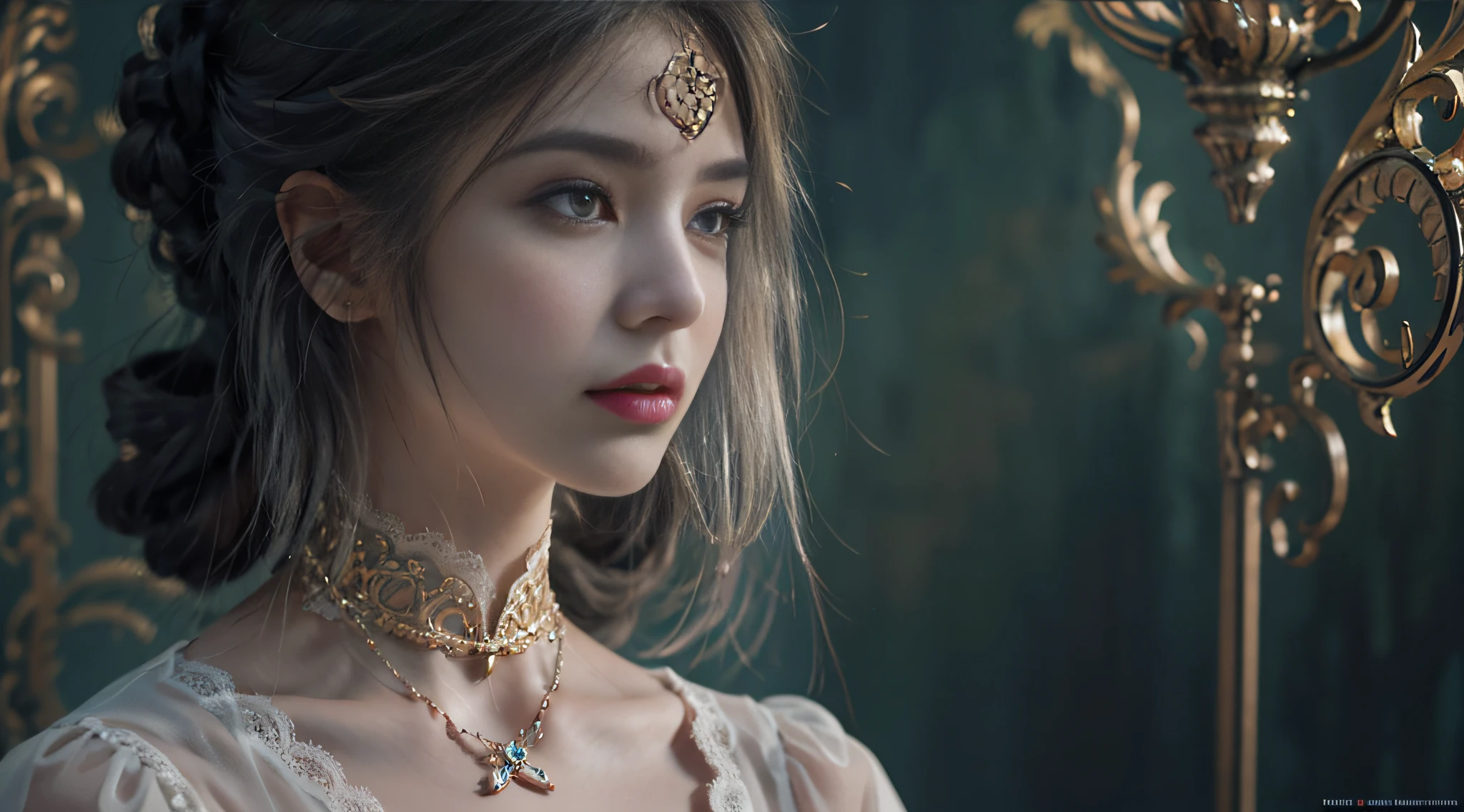 Official Art, Unity 8k wallpaper, ultra-detailed, beautiful, beautiful, masterpiece, best quality, dark, atmospheric, mystical, romantic, creepy, literature, art, fashion, victorian, decoration, intricate, ironwork, lace, contemplative, emotional depth, supernatural, 1 girl, solo, neck, bust composition