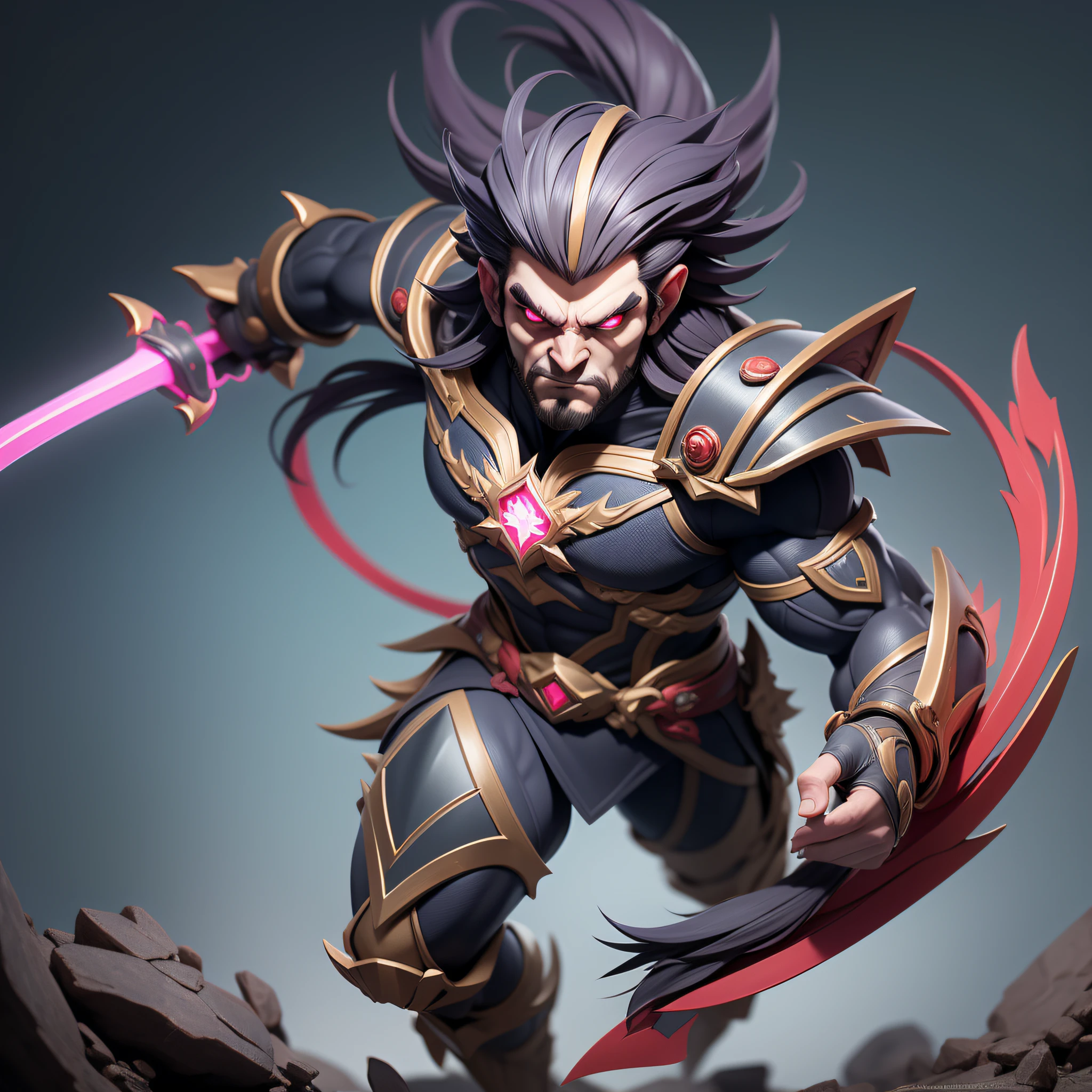 standing at about 2 meters tall. He has a dark and intimidating appearance, with pale skin and bright red glowing eyes. His hair is black and unkempt, falling defiantly over his face. Draven wears heavy armor made of dark metal plates and intricate details that give him an intimidating look. He wields a large two-handed sword with a sharp and blackened blade. Animation characteristics:Draven moves with wide and firm strides, conveying power and confidence. When at rest, he maintains an upright and proud posture. While attacking, he unleashes powerful and precise strikes with his sword, combining agility and strength. During movement, Draven displays a fluid and agile style, quickly adapting to changes in direction. Special abilities:Draven has the ability to merge with shadows, becoming practically invisible for a short period of time, allowing him to stealthily approach enemies or escape dangerous situations. He is also capable of conjuring bursts of dark energy, launching them at opponents to cause damage from a distance. Draven has an aura of fear that debilitates nearby enemies, reducing their movement speed and weakening their attacks. Personality:Draven is a dark and mysterious character, with an unyielding and determined personality. He is driven by vengeance and seeks justice for those oppressed by the forces of darkness. Despite his menacing appearance, he has a sense of honor and protects those who are weaker. Draven is calm and reserved, but when provoked, he reveals an unrelenting fury.((intricate details)), HDR, (intricate details, super detailed), cinematic shots, vignettes, 8k, ultra detailed