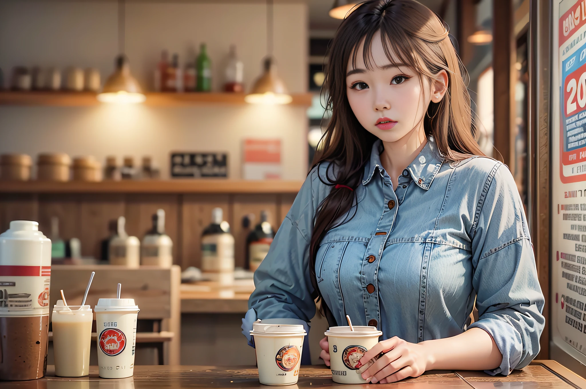 (Masterpiece), (Intricate Details), (Photorealistic: 1.3), (Film Grain), (Perfect Anatomy), Korean woman, USA, San Diego, photographed in jeans and shirt in front of a Balboa counter, in a restaurant