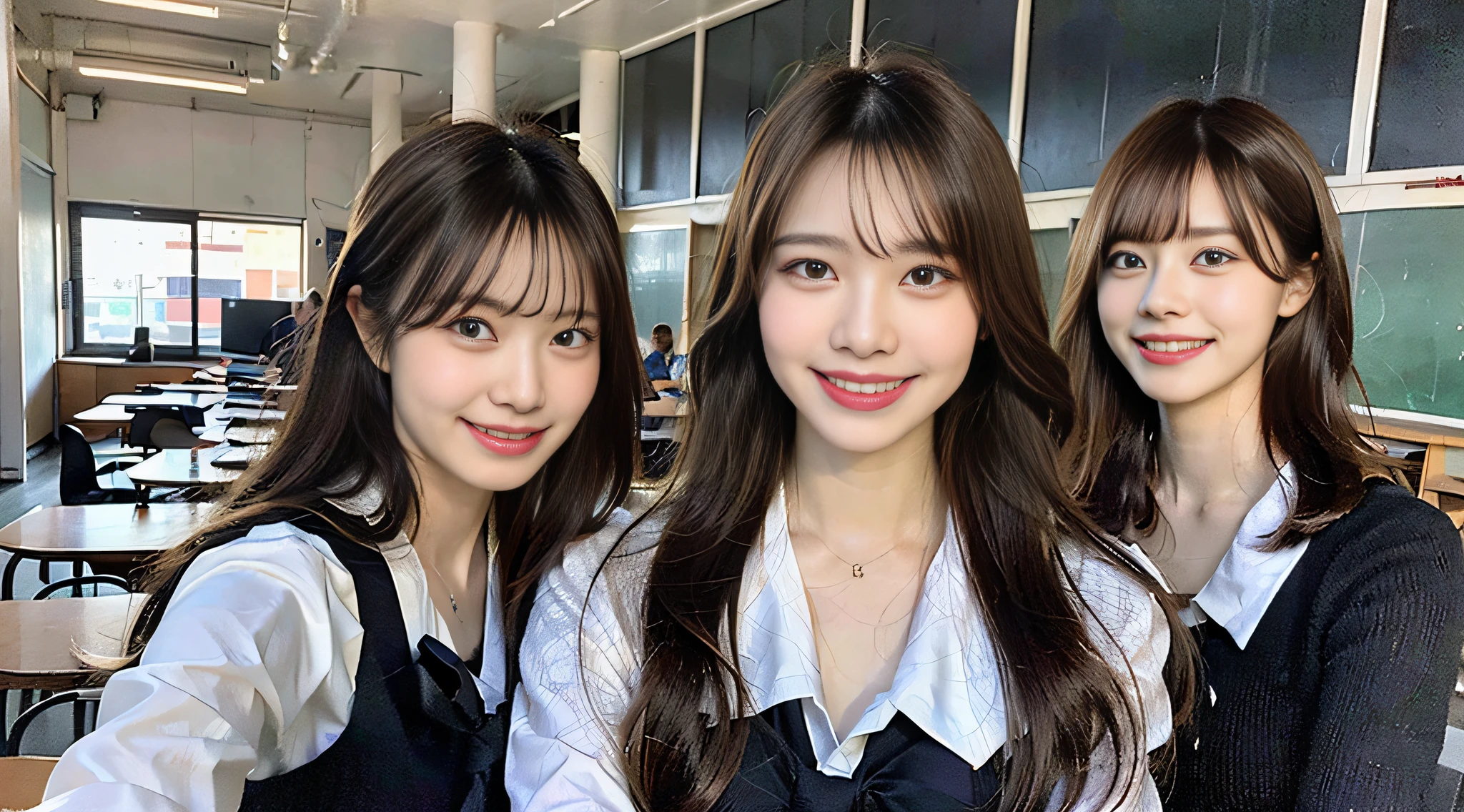 (8K、Raw photography、Top Quality、巨作:1.2)、ultra detaild、Super Resolution、(photorealestic:1.5)、Amazingly beautiful lighting、extremely detailed and beautiful、A smile that makes you see your teeth、White Skin Skin、Fair-skinned female proofreading、(Heart pose for the camera))、Beautiful girls in very detailed、Faces with different patterns、Stylish bandana、Necklace around the neck、Showing teeth and smiling、Having a conversation in a classroom at school、Hair is shaking a lot、Realistic Light、Brown hair shining in the light、One has a ponytail、、Modern cute high school girl、Very detailed face Very detailed eyes、Very realistic skin、 extremely detailed fingers, extremely detailed nose, extremely detailed mouth, flawless anatomy, Highly detailed sailor suit、highly detailed back ground,After school、Smiling school girls are gathered in the hallway of the school。They are in uniform、The blackboard is faintly visible in the background.。Light from bright windows illuminates the classroom、Long straight hair, (Blunt bangs:1.4),(Pink Eye Shadow)((Drawing a heart picture under the eyes)) Heart、♡