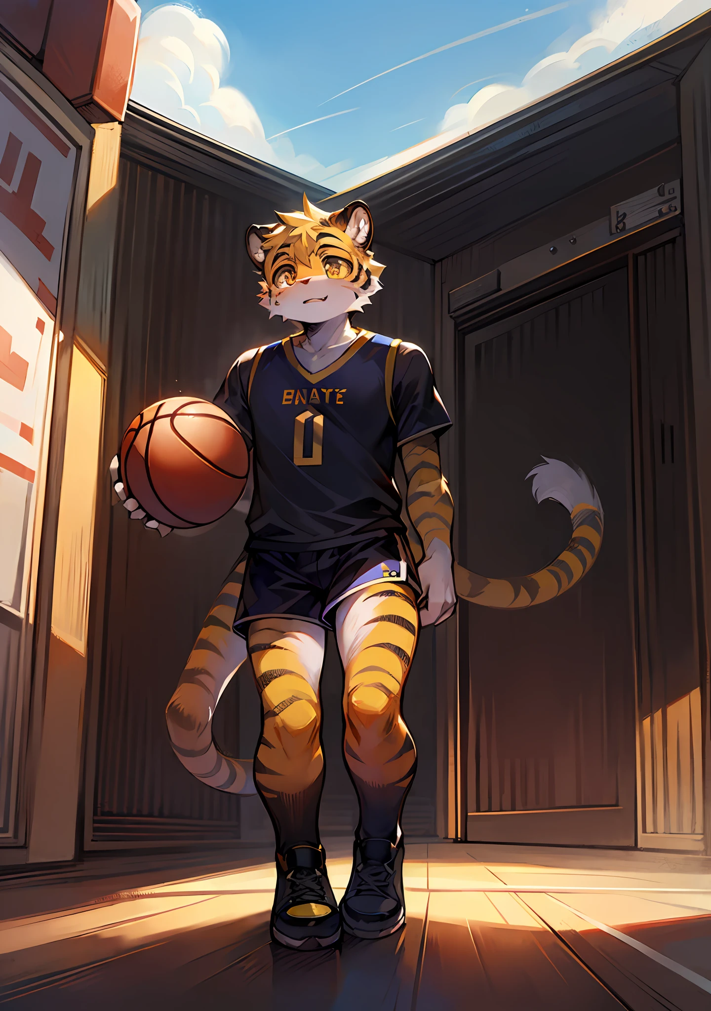 Boys like tigers，Cutes，Black and yellow，with big eyes，Playing the Basketball，fervor，bright weather，A full body