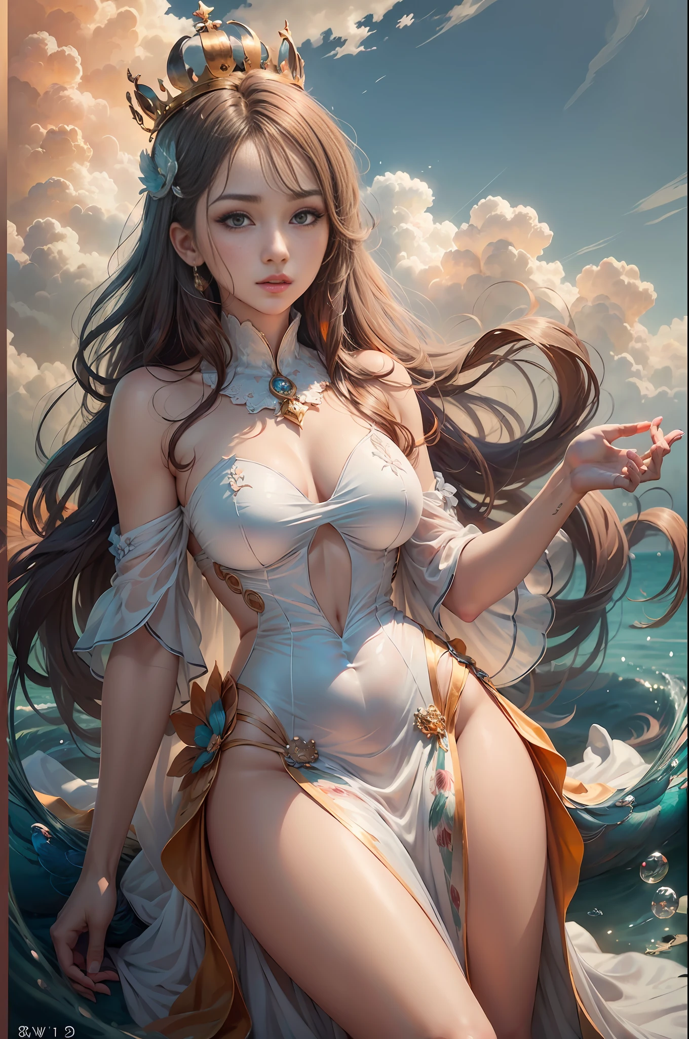 (8k, RAW photo, photorealistic:1.4) ,( lip gloss, eyelashes, glossy side, shiny skin, best quality, super high resolution, depth of field, chromatic aberration, caustics, special light, natural shadow, crown, kpop idol), light pink and sky blue style, (real: 1.2), 1girl, (orange sky: 1.5), (top-down: 1.2), tall and thin beauty goddess, flowing dress, conservative girl, cloud goddess, Flowing white fabric, dressed in a flowing dress, (background with blue sky and white clouds: 1.4), (wind: 1.5), (full body: 1.5), nhjy, a white dress with a peacock on it