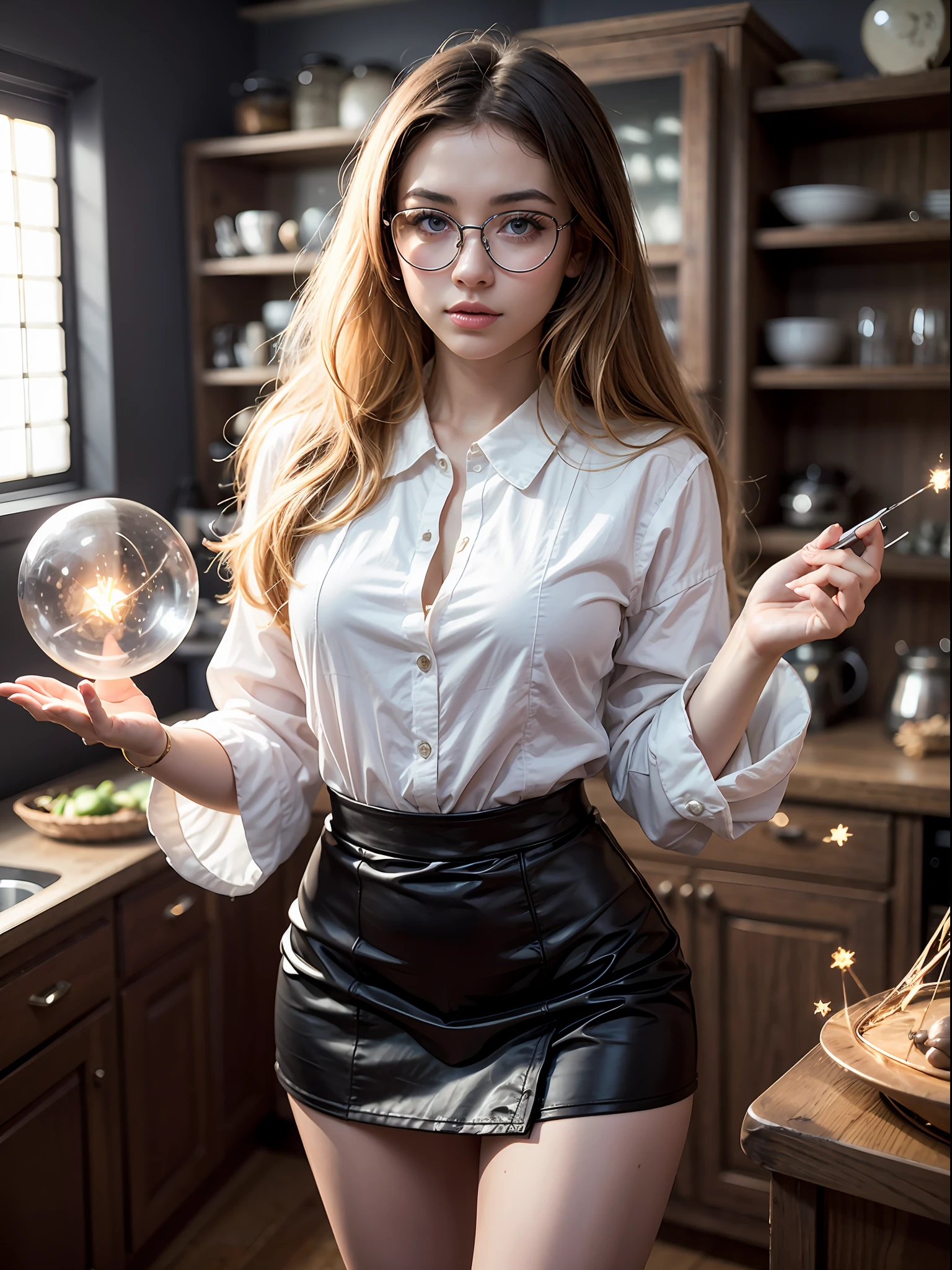 ((masterpiece, best quality)),1girl, magic, beautiful and aesthetic, natural long blonde, blue eyes, beautiful eyes and face makeup, white shirt, short skirt, secretary clothes, (magic incantation:1.3), (magic orb, magic cirlcle, wirling patterns of dark magic manifest in the air:1.3), eyes sparkling with arcane energy BREAK modern life, transparent glasses, (kitchen:1.1)