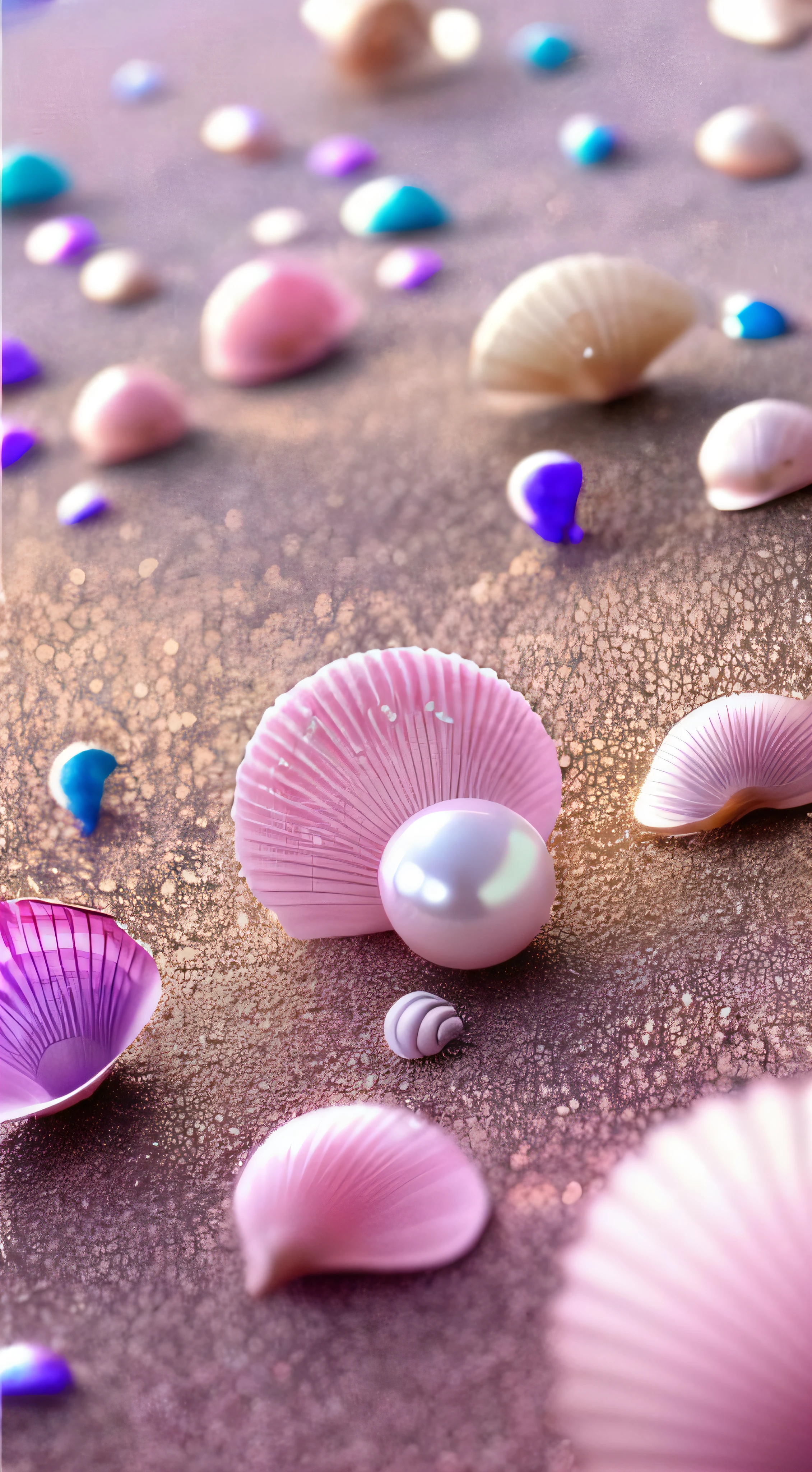 (8k, RAW photo, best quality, masterpiece: 1.2), (realistic, realistic: 1.37) There are many pink shells on the beach, there is water, pearl, pearl and shell, soft spill, pearlization, pink jellyfish everywhere, soft 3D rendering, ethereal bubbles, bubble landscape, Iray shader, soft pink, pink reflection, pearl sky, shells, paradise pink, pastel colors, pink pastels