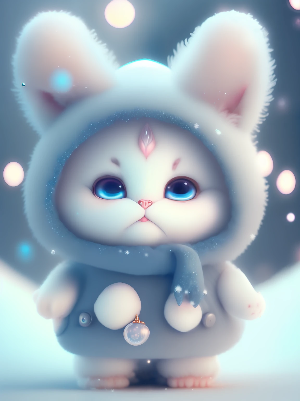 an adorable kitten+Snow-white furry,big bright eyes,A sweet smile,A sweet smile,zhangzui,Dress up as a fashion model,Stylish suit with blue crystal texture,Hats and handbags,Snow white fluffy,big bright eyes,big bright eyes,to stand,Fluffy tail,Winter rises,The snow flutters gently,Extremely detailed 3D animation renders symmetrical center position, Super realistic, super detaill, posh, 3, cinematiclight, Ultra-sharp details, Ultra-transparent material, Close up of, complex texture, octane rendered, zbrush, 8K, Ultra-realistic UREAL