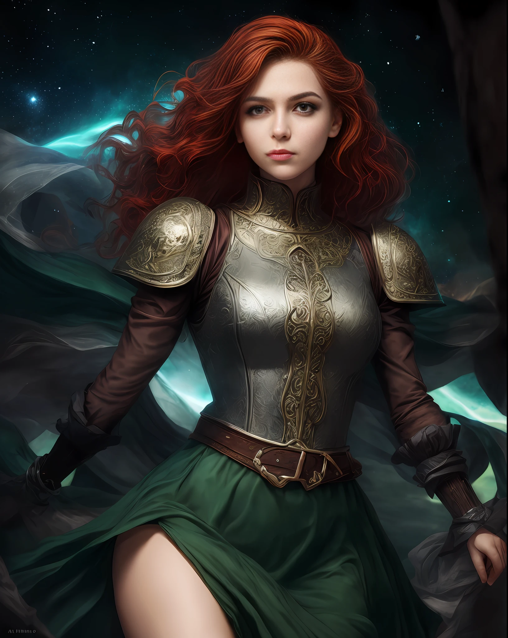 (melhor qualidade, obra-prima), mulher jovem, pose, Particle, vento, flor, parte superior do corpo, fundo simples, olhando para o espectador, medium curly red hair blown by the wind, olhos verdes, pele clara, vestido medieval,galaxy, retroiluminado, rimlight, bela obra de arte, seamless composition, raudha athif