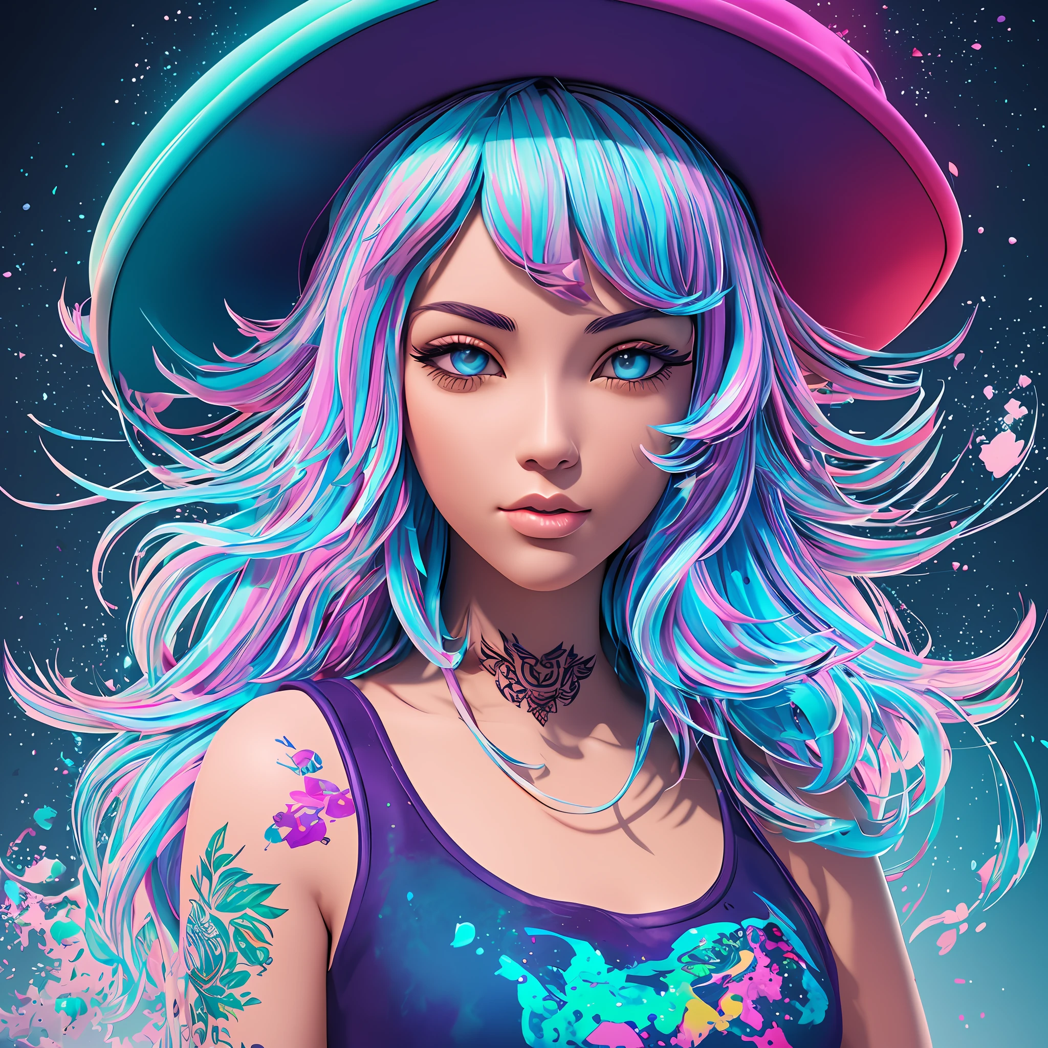 A detailed illustration of a beautiful girl, wearing a hat, the girl have tattoos in the arms, psychedelic artsyle, t-shirt design, splatter artstyle, pastel tetradic colors, 3D vector art, fantasy art, watercolor effect, Adobe Illustrator, hand-drawn, digital painting, low-poly, soft lighting, isometric style, retro aesthetic focused on the character, 4K resolution, photorealistic rendering, using Cinema 4D
