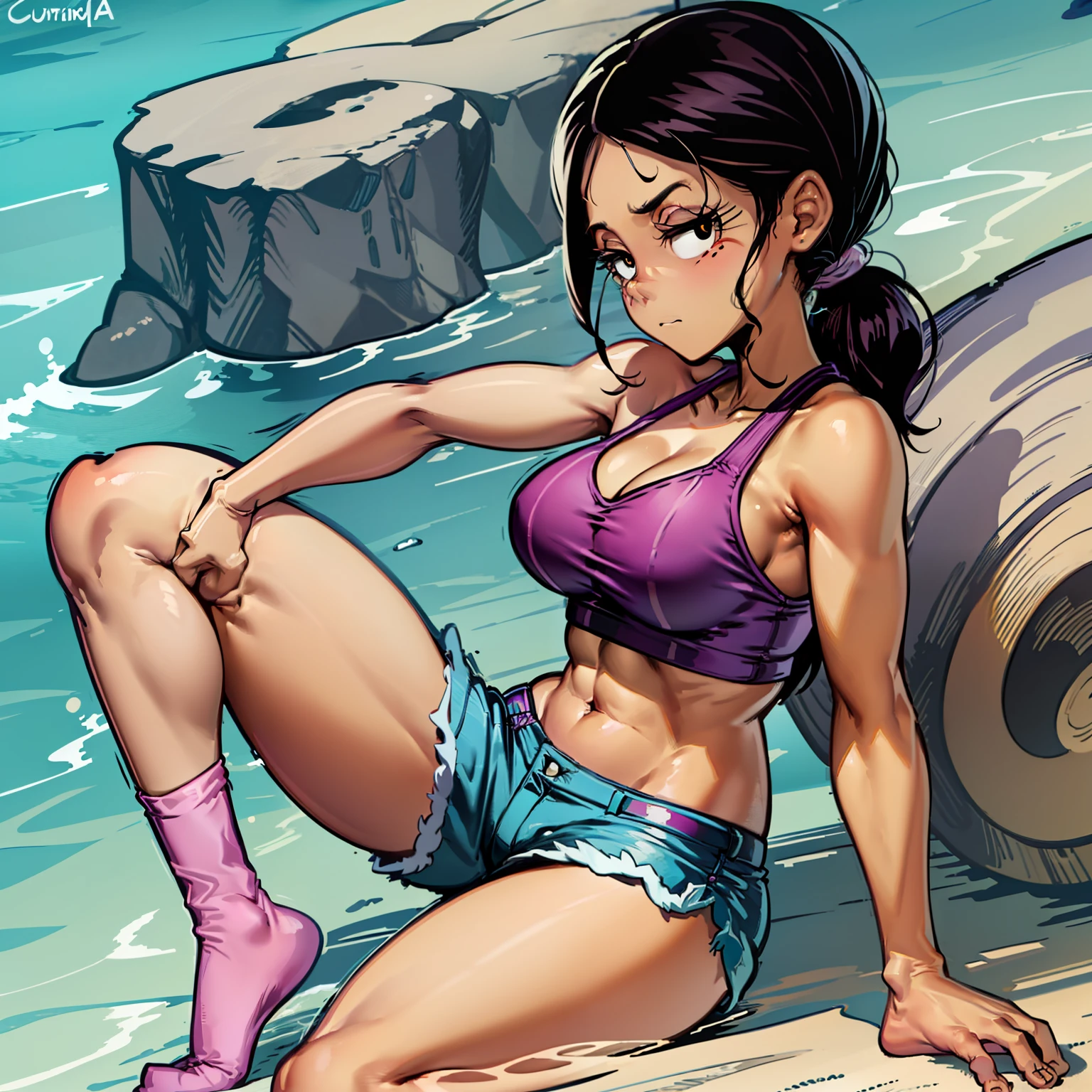 Ronnie Anne, shorts, black eyes, ponytail, tanned skin, full body, curvy arms, defined legs, beautiful, pose, in the beach, long socks, curvilinear legs, defined arms, vista de frente