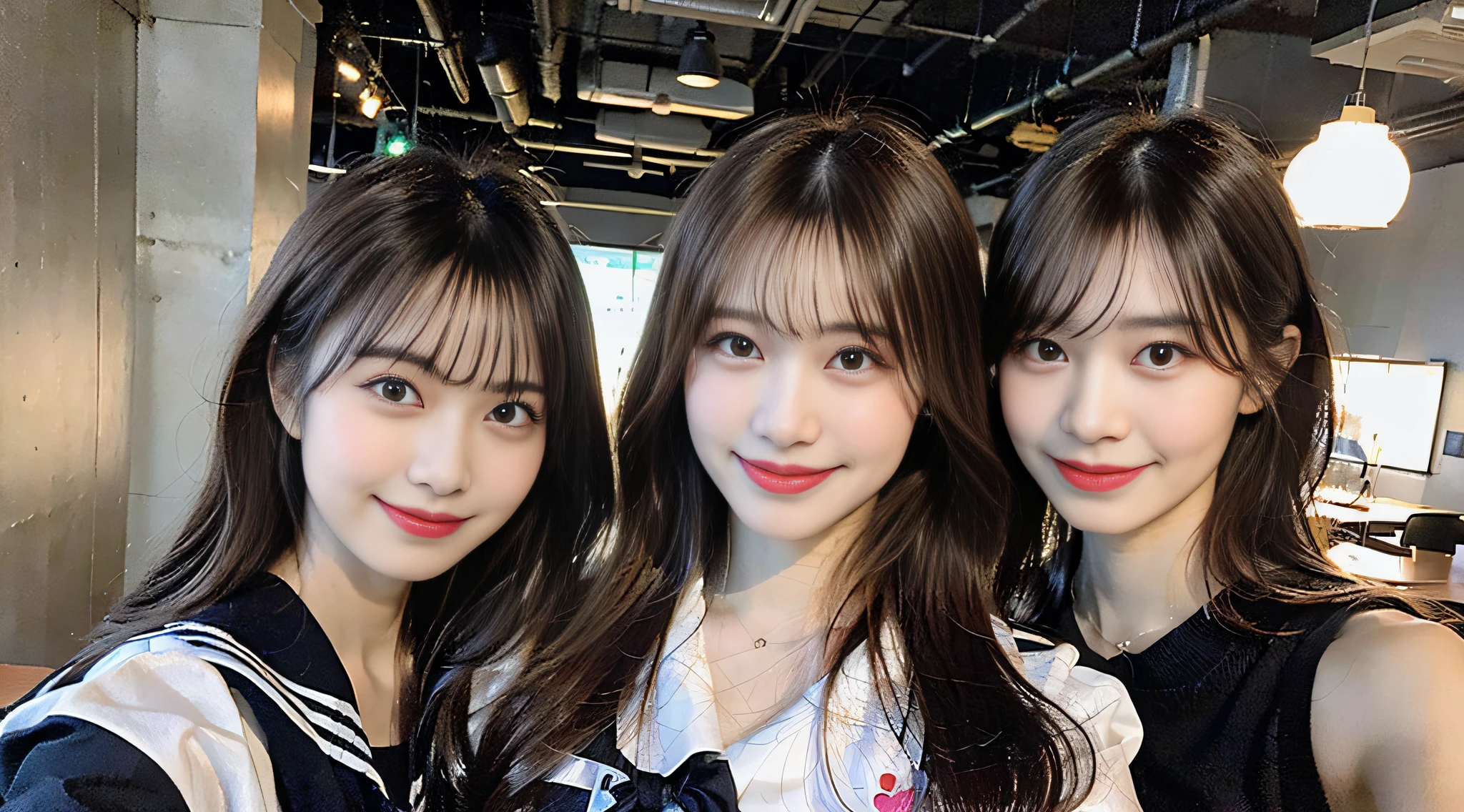 (8K、Raw photography、HighestQuali、巨作:1.2)、ultra detaild、Super Resolution、(photorealestic:1.5)、Amazingly beautiful lighting、highly detailed and beautiful、A smile that makes you see your teeth、Midnight with you and two、Investigation of sandy waves、Looking up at a chandelier of stars in the sky、White Skin Skin、Fair-skinned female proofreading、(Heart pose for the camera))、Beautiful girls in very detailed、Faces with different patterns、Having a conversation in a classroom at school、Brown hair shining in the light、One has a ponytail、、Modern cute high school girl、very detailed faces very detailed eyes、Very realistic skin、 extremely detailed fingers, extremely detailed nose, extremely detailed mouth, flawless anatomy, Highly detailed sailor suit、highly detailed back ground,After school、Smiling school girls are gathered in the hallway of the school。They are in uniform、The blackboard is faintly visible in the background.。Light from bright windows illuminates the classroom、Long straight hair, (Blunt bangs:1.4),(Pink Eye Shadow)((Drawing a heart picture under the eyes)) Heart、♡