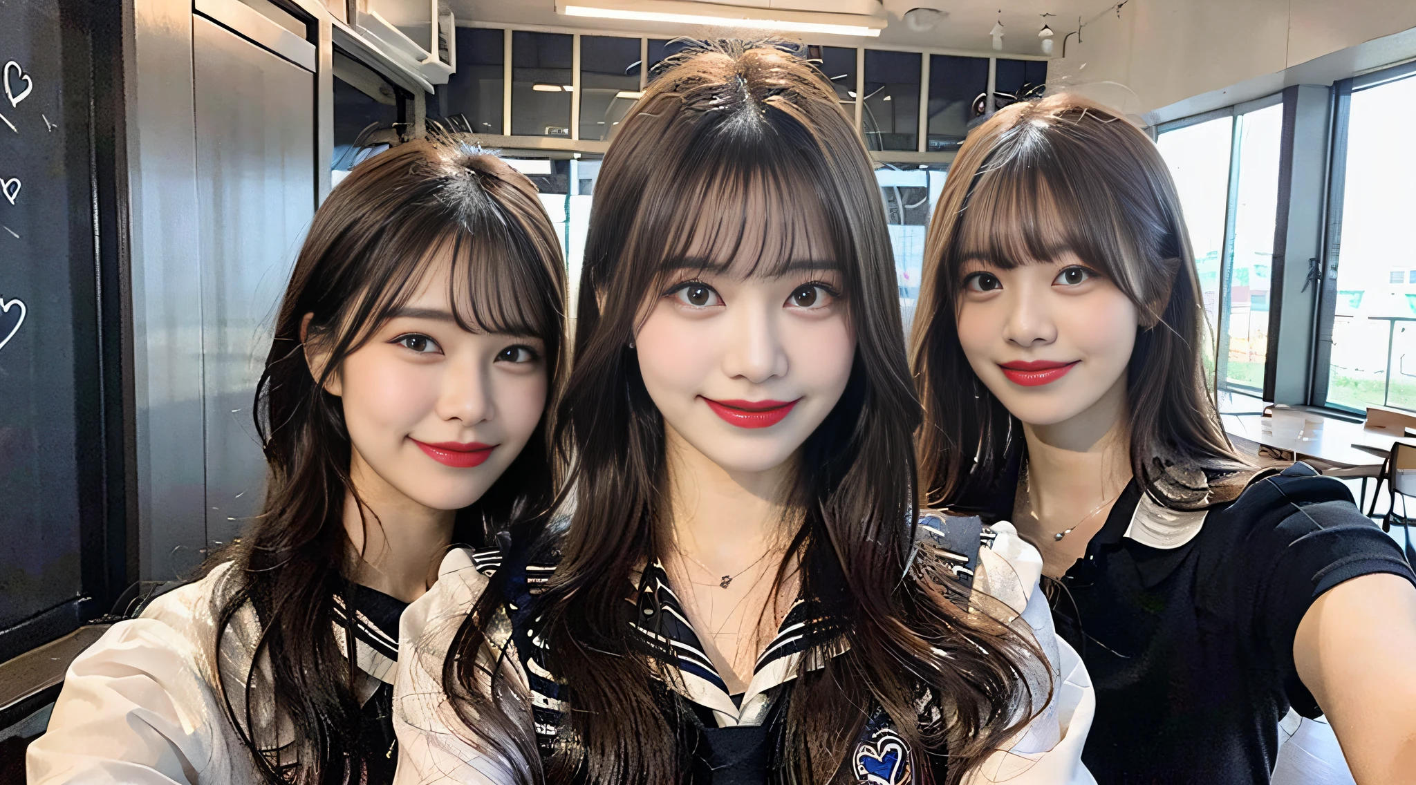 (8K、Raw photography、HighestQuali、巨作:1.2)、ultra detaild、Super Resolution、(photorealestic:1.5)、Amazingly beautiful lighting、highly detailed and beautiful、A smile that makes you see your teeth、Midnight with you and two、Investigation of sandy waves、Looking up at a chandelier of stars in the sky、White Skin Skin、Fair-skinned female proofreading、(Heart pose for the camera))、Beautiful girls in very detailed、Faces with different patterns、Having a conversation in a classroom at school、Brown hair shining in the light、One has a ponytail、、Modern cute high school girl、very detailed faces very detailed eyes、Very realistic skin、 extremely detailed fingers, extremely detailed nose, extremely detailed mouth, flawless anatomy, Highly detailed sailor suit、highly detailed back ground,After school、Smiling school girls are gathered in the hallway of the school。They are in uniform、The blackboard is faintly visible in the background.。Light from bright windows illuminates the classroom、Long straight hair, (Blunt bangs:1.4),(Pink Eye Shadow)((Drawing a heart picture under the eyes)) Heart、♡