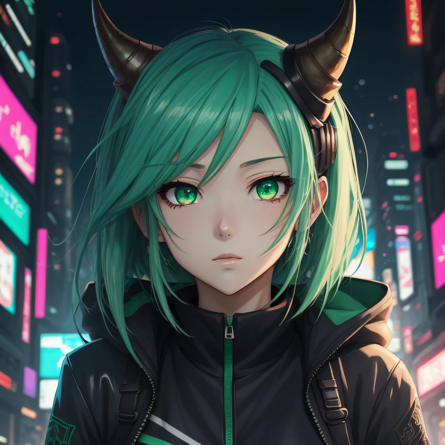 anime girl with green hair and horns and green eyes, best anime 4k konachan wallpaper, anime monster girl, anime style 4 k, anime art wallpaper 4 k, anime art wallpaper 4k, detailed digital anime art, anime art wallpaper 8 k, trending on artstation pixiv, anime style mixed with fujifilm, anime cyberpunk art, digital cyberpunk anime art --auto