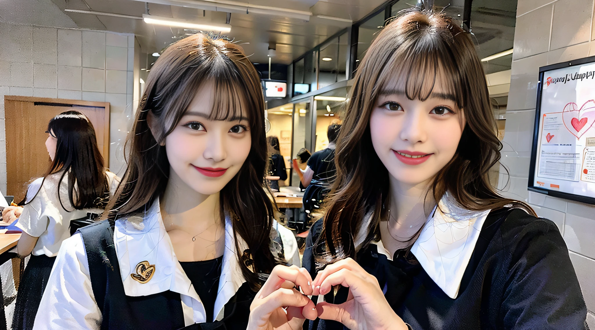 (8K、Raw photography、HighestQuali、巨作:1.2)、ultra detaild、Super Resolution、(photorealestic:1.5)、Amazingly beautiful lighting、highly detailed and beautiful、A smile that makes you see your teeth、Midnight with you and two、Investigation of sandy waves、Looking up at a chandelier of stars in the sky、White Skin Skin、Fair-skinned female proofreading、(Heart pose for the camera))、Beautiful girls in very detailed、Faces with different patterns、Having a conversation in a classroom at school、Brown hair shining in the light、One has a ponytail、、Modern cute high school girl、very detailed faces very detailed eyes、Very realistic skin、 extremely detailed fingers, extremely detailed nose, extremely detailed mouth, flawless anatomy, Highly detailed sailor suit、highly detailed back ground,After school、Smiling school girls are gathered in the hallway of the school。They are in uniform、The blackboard is faintly visible in the background.。Light from bright windows illuminates the classroom、Long straight hair, (Blunt bangs:1.4),(Pink Eye Shadow)((Drawing a heart picture under the eyes)) Heart、♡