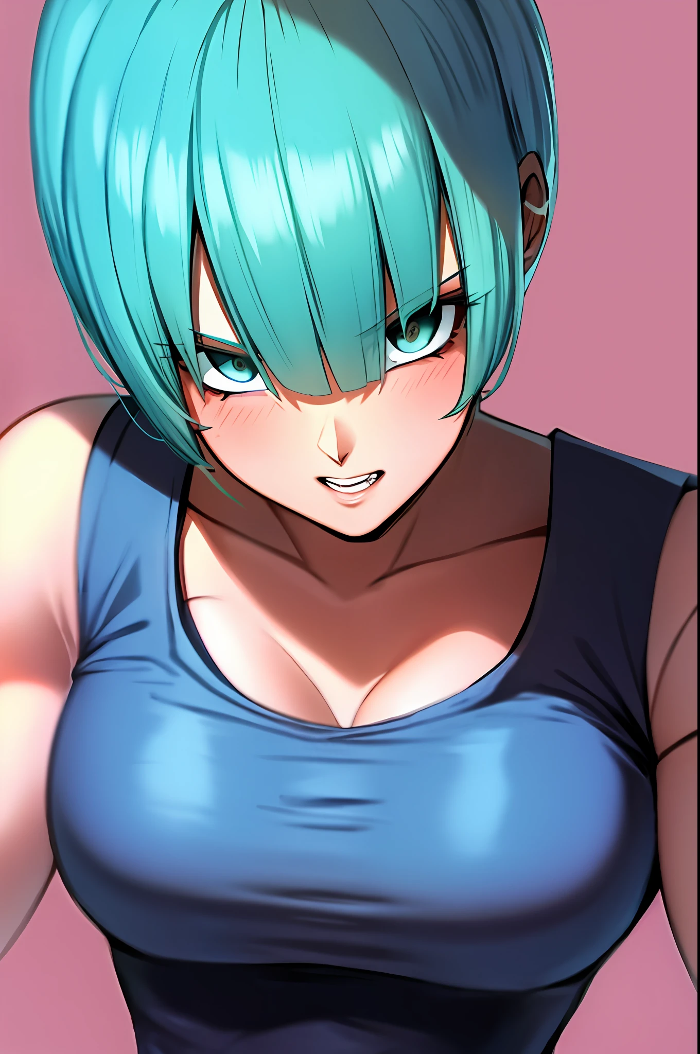 Bulma, Girl, brava, dano de batalha, cabelo azul, faixa azul, dentes cerrados, furiosa, olhos verdes, foco feminino, musculosa, girl musculoso, faixa, solo, cabelo espetado, super saiyan, dentes, pulseira rosa, ((obra-prima))