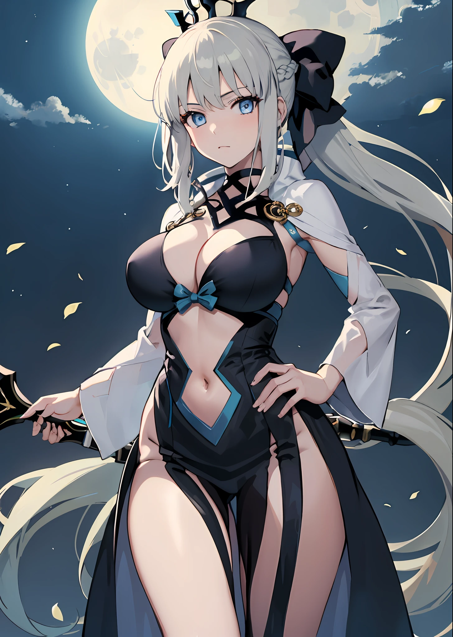 Masterpiece, Best Quality,a 1girl, Breast, morgan le fay (fate), 独奏, blue eyes, Long Hair, pony tail, bow, braid, weapons, cleavage, Very long hair, big boob, black bow, looking  at viewer, s robe, Hair Bow, hips, hips, black dress, Bangs, sidelocks, French braid, pelvic curtain, grey hair,  a moon