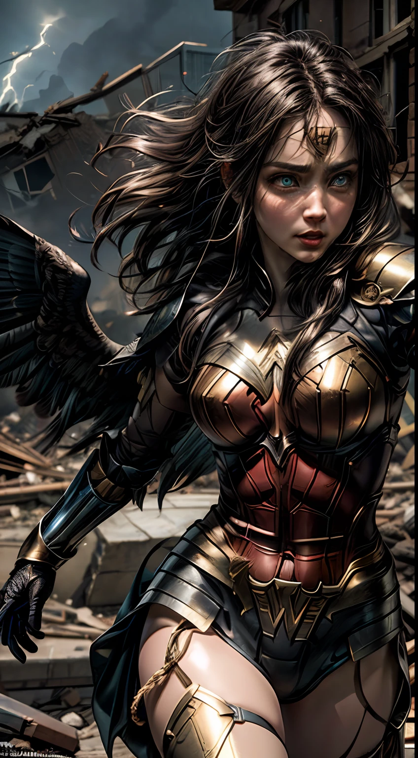 (masterpiece, official art, high resolution:1.4), Ana de Armas transformed into the character Wonder Woman, engaged in an epic battle, (golden armor:1.3), (flowing raven hair:1.3), (piercing blue eyes:1.4), fierce determination on her face, (determined expression:1.3), amidst chaos and destruction, (explosions:1.2), (crumbling buildings:1.2), (flying debris:1.2), but amidst it all, she manages to glance at the camera with a friendly smile, (warm and approachable:1.3), emphasizing her angelic features, (soft rosy lips:1.2), (radiant complexion:1.1), (graceful movements:1.2), dynamic pose, (golden lasso:1.1), powerful energy emanating from her, contrasting with the intense action around her, (dramatic lighting:1.2), (thunderous), Cinematic, Hyper-detailed, insane details, Beautifully color graded, Unreal Engine, DOF, Super-Resolution, Megapixel, Cinematic Lightning, Anti-Aliasing, FKAA, TXAA, RTX, SSAO, Post Processing, Post Production, Tone Mapping, CGI, VFX, SFX, Insanely detailed and intricate, Hyper maximalist, Hyper realistic, Volumetric, Photorealistic, ultra photoreal, ultra-detailed, intricate details, 8K, Super detailed, Full color, Volumetric lightning, HDR, Realistic, Unreal Engine, 16K, Sharp focus, Octane render --v testp