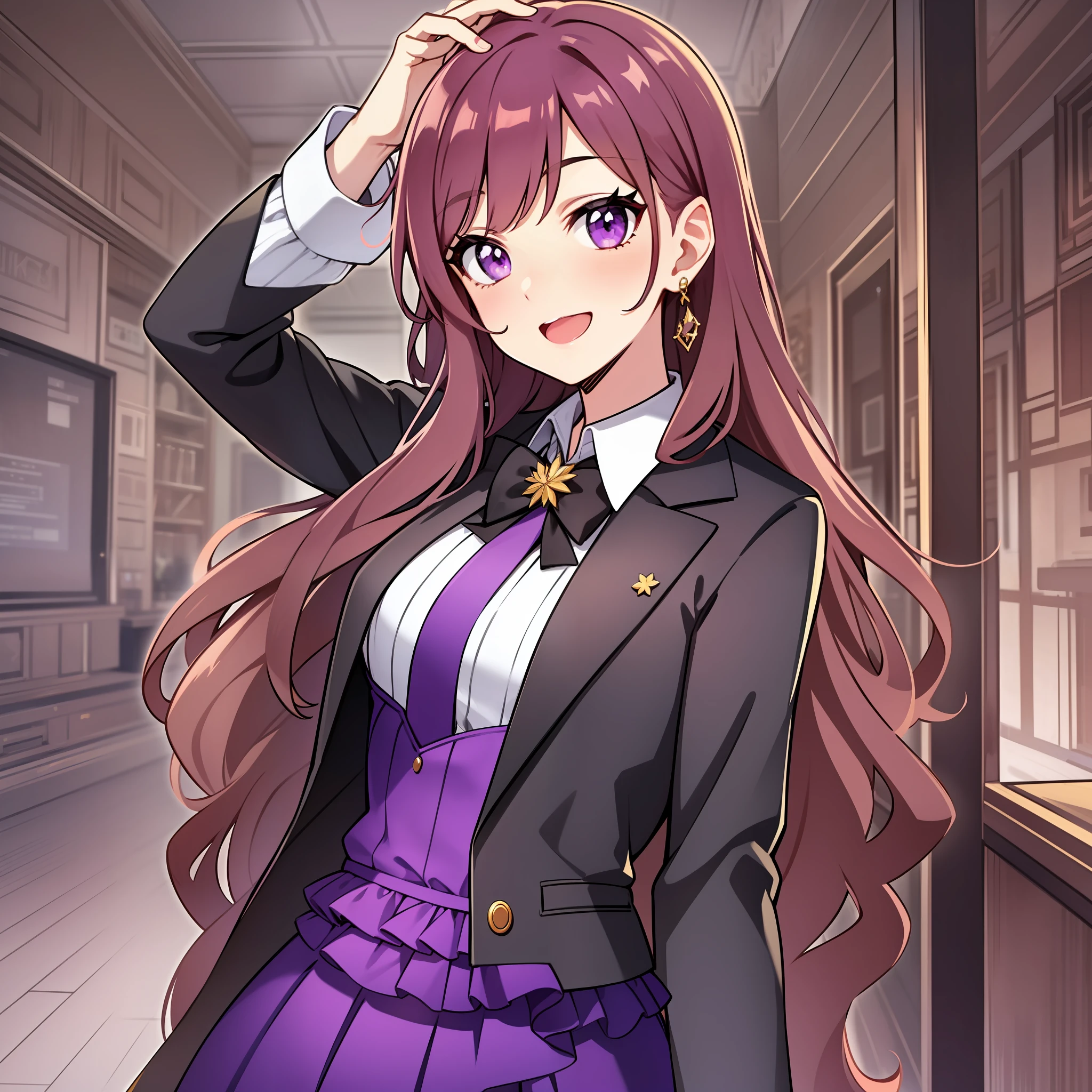 blazer, standing, 1 girl, 8k, white shirt, black jacket, High Quality, look at the viewer, purple dress, brown hair, body length hair, mature body, school uniform, laugh, look at the viewer, purple eyes