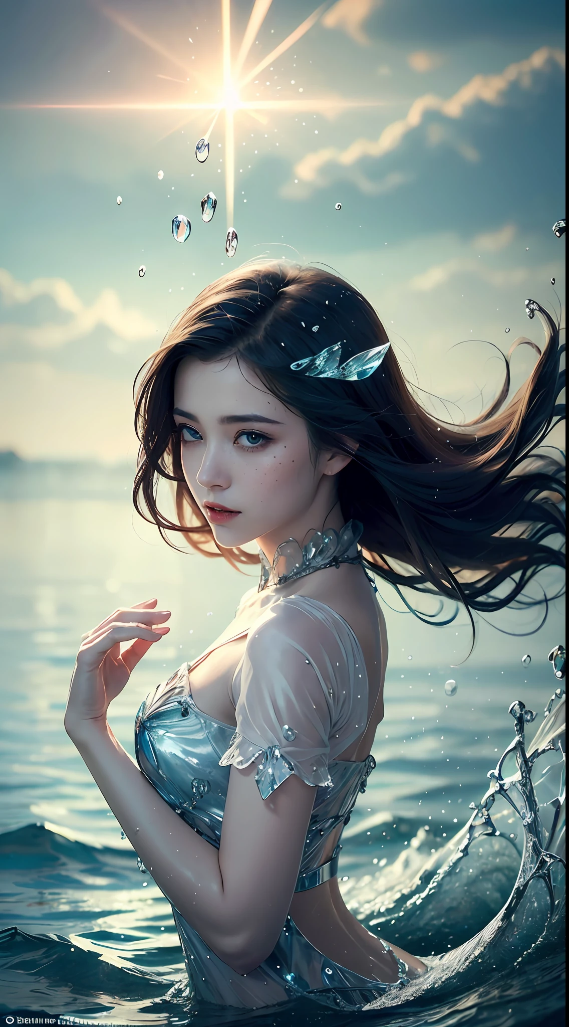 (Masterpiece, Top Quality, Best, Official Art, Beautiful and Aesthetic, Long Exposure: 1.2), Smooth Movement, Fascinating Patterns, 1 Girl, Adult Russian Woman, Freckles, Jade Eyes, Black Lob Hair, Portrait, Solo , upper body, gaze at observer, detailed background, detailed face, (crystallineAI, crystalline theme:1.1), elemental water sprite, spinning water, controlling water, fantasy magician clothes, dynamic pose, floating particles, ethereal dynamics, water , steam, ocean in the background, blue tones, coast, ethereal atmosphere,