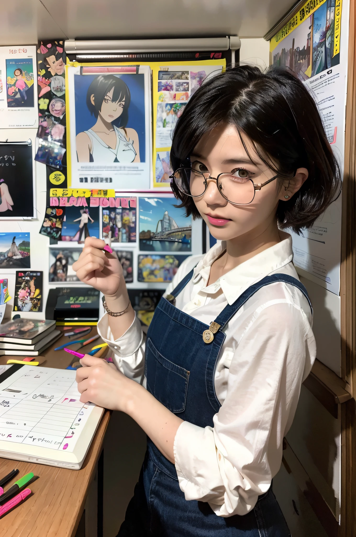 Japanese Manga Artist (Late 20th to Early 21st Century), A (pretty young woman:1.1) with black hair in a pixie cut, dark brown eyes, pale skin, petite, wearing casual, comfort-oriented (work clothes:1.2), often short, with a fabric apron full of pencils and markers, (glasses:1.1). She is nestled in a brightly lit studio, adorned with anime posters, colorful LED lights, piles of manga magazines, a digital drawing tablet, pens, sketchbooks, and inspirational figurines. The ambiance is creative and energetic.