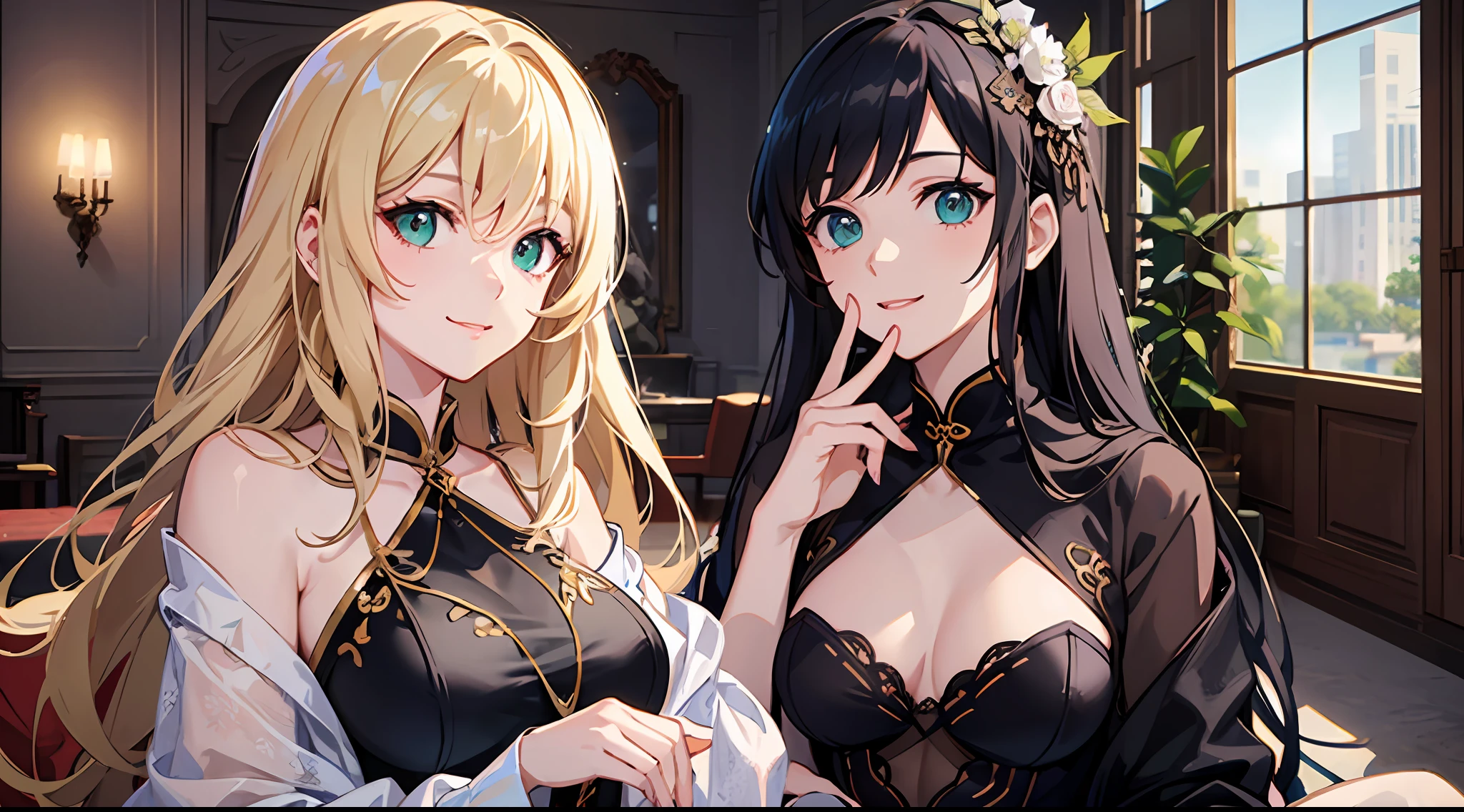 A beautiful middle-aged woman with long black hair and an anime woman with long fluffy blonde hair,Mature woman,Royal sister,wearing cheongsam,Green clothes,with a good figure,In a villa,Stand in front of the sofa in the living room,Smile with,Very luxurious decorations,Faraway view,exquisite facial features,Clear facial expressions,Detailed digital anime art,digital anime art,High quality anime art style,Handsome anime pose,Smooth anime CG art,It was dark,There is moonshine,There are lights in the living room