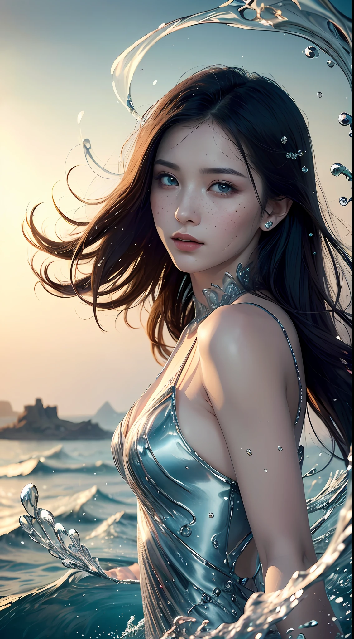 (Masterpiece, Top Quality, Best, Official Art, Beautiful and Aesthetic, Long Exposure: 1.2), Smooth Movement, Fascinating Patterns, 1 Girl, Adult Russian Woman, Freckles, Jade Eyes, Black Lob Hair, Portrait, Solo , upper body, gaze at observer, detailed background, detailed face, (crystallineAI, crystalline theme:1.1), elemental water sprite, spinning water, controlling water, fantasy magician clothes, dynamic pose, floating particles, ethereal dynamics, water , steam, ocean in the background, blue tones, coast, ethereal atmosphere,