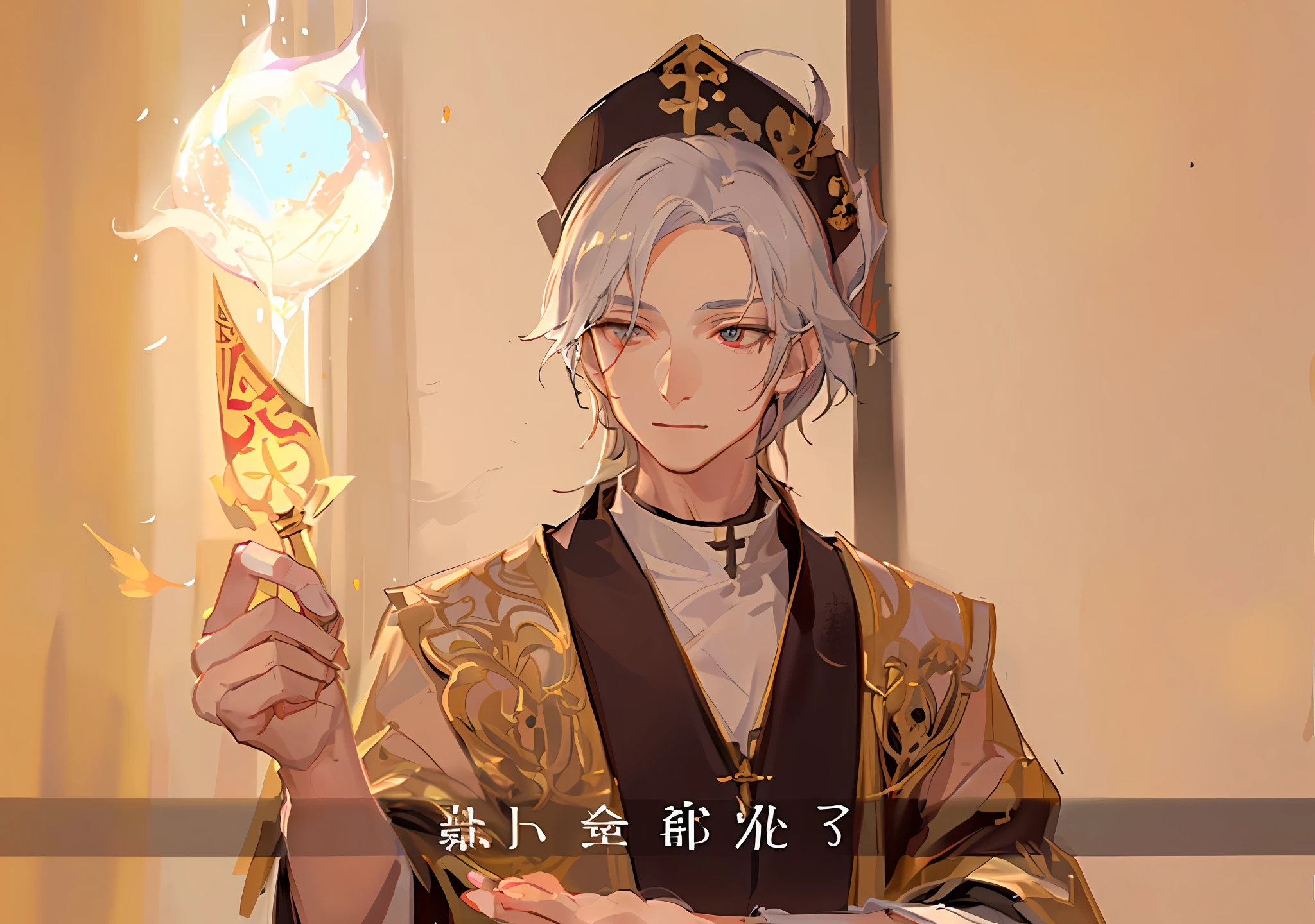 There was a Taoist priest holding a talisman paper in his hand, He is casting a spell, 2d,