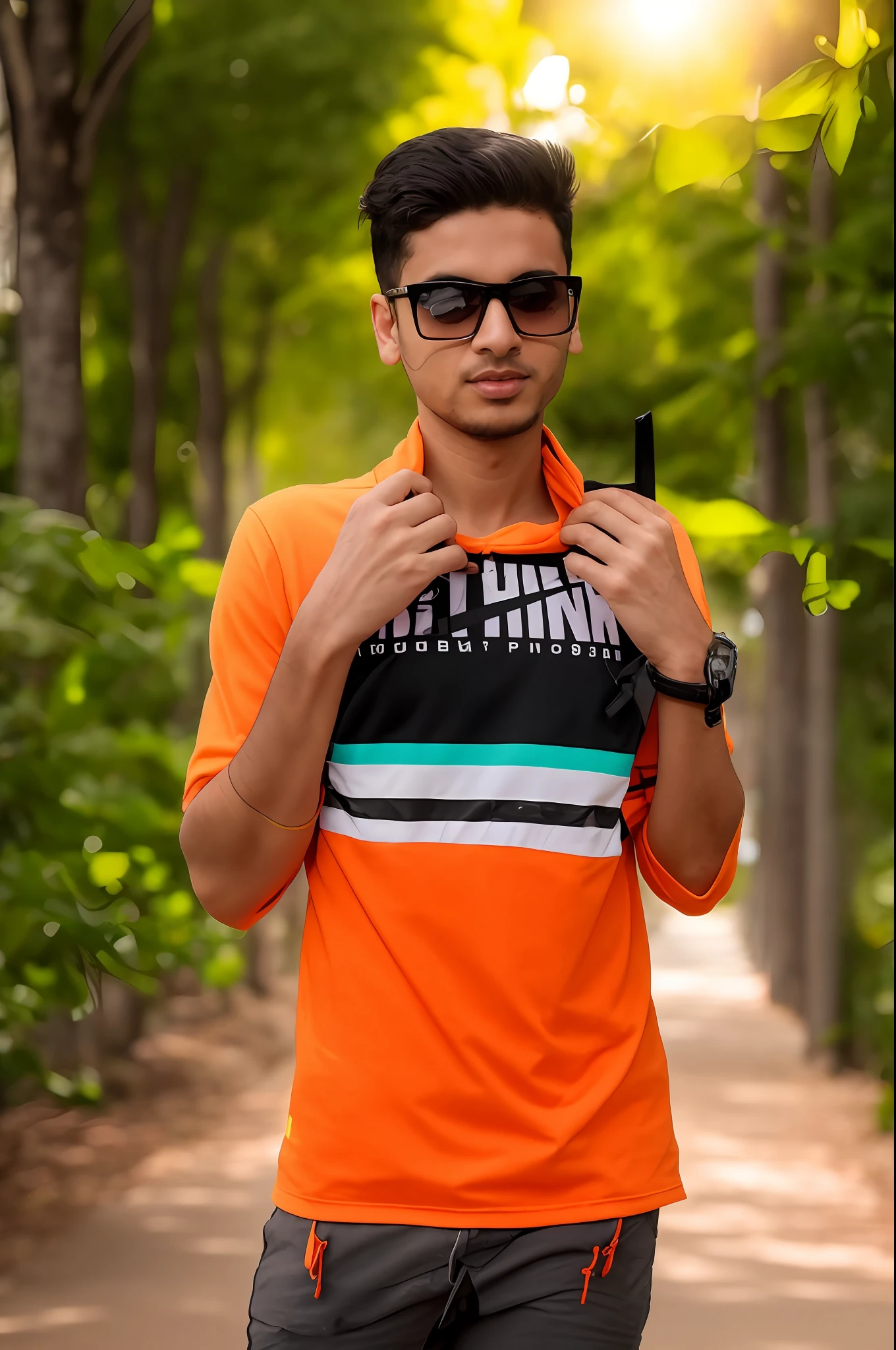 there is a man standing on a path with a backpack, casual photography, riyahd cassiem, * colour splash *, mohamed chahin style, modeling shoot, stylish pose, mohamed chahin, full body photogenic shot, photo taken with canon 5d, with a cool pose, taken with canon 8 0 d, cool pose, edited in photoshop, casual pose,no change background