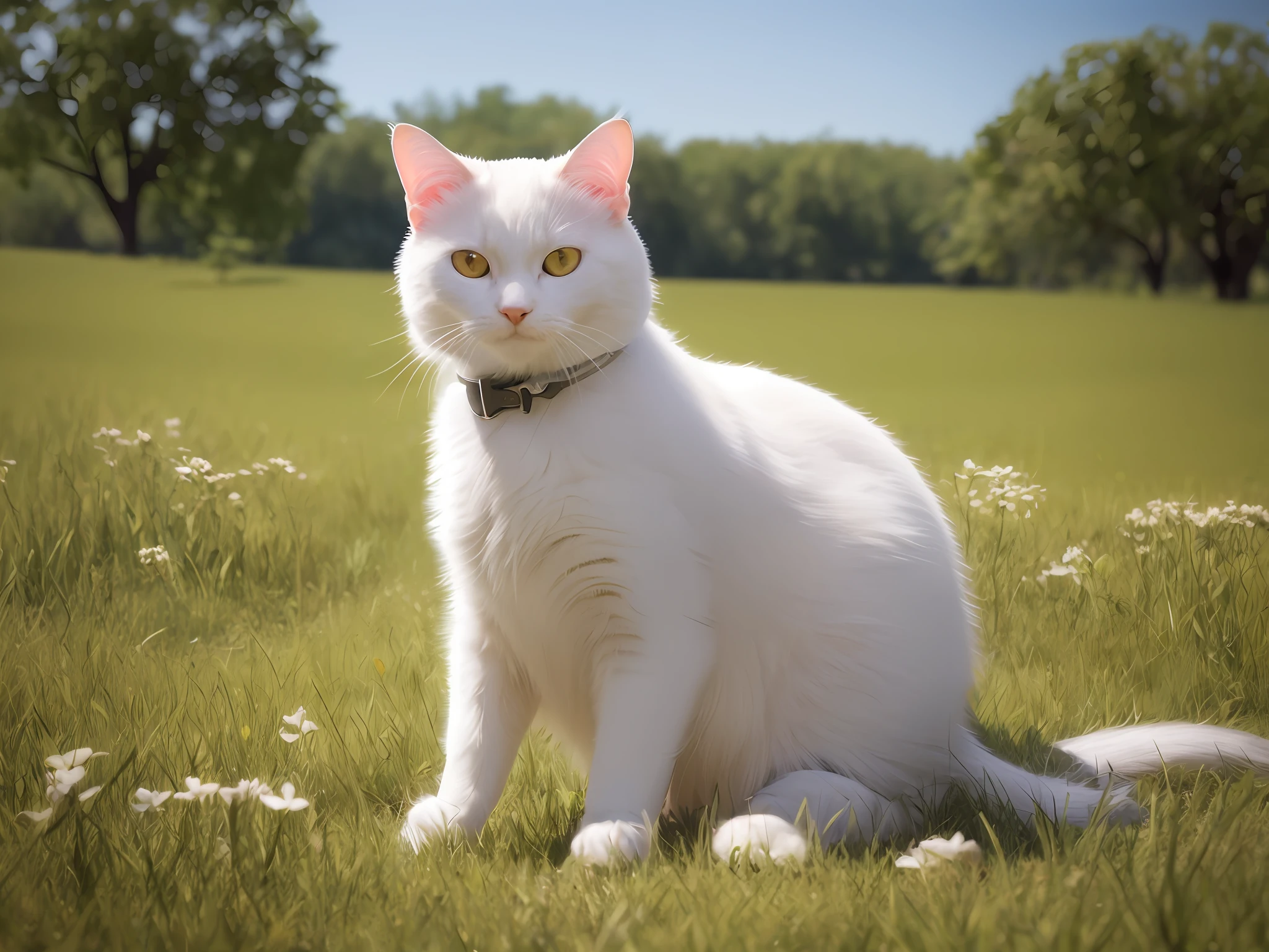 1cat, Maine, white cat, in a meadow, sit, during the day, sitting on the prairie, best quality, masterpiece, illustration, an extremely delicate and beautiful, extremely detailed ,CG ,unity ,8k wallpaper, Amazing, finely detail, masterpiece, best quality, official art, extremely detailed CG unity 8k wallpaper, absurdres, incredibly absurdres, huge filesize, ultra-detailed, highres, extremely detailed, (best quality), (realistic, photo-realistic:1.2), 8k, soft lighting, high quality, official art, extremely detailed CG unity 8k wallpaper, cinematic lighting.
