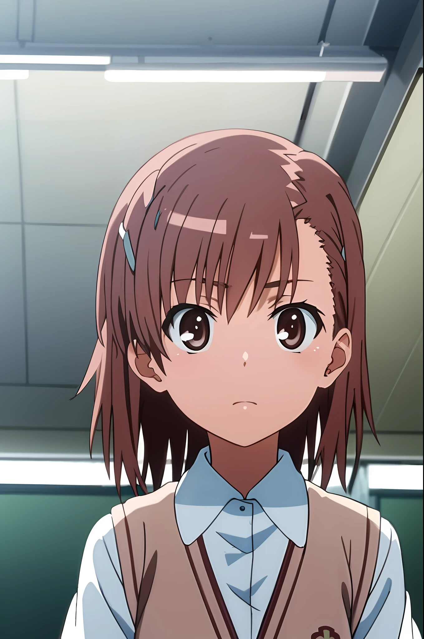 masterpiece, best quality, misaka_mikoto, brown eyes, short_hair, small_breast, looking at viewer, solo, closed_mouth, collared_shirt, school_uniform, shirt, white_shirt, classroom