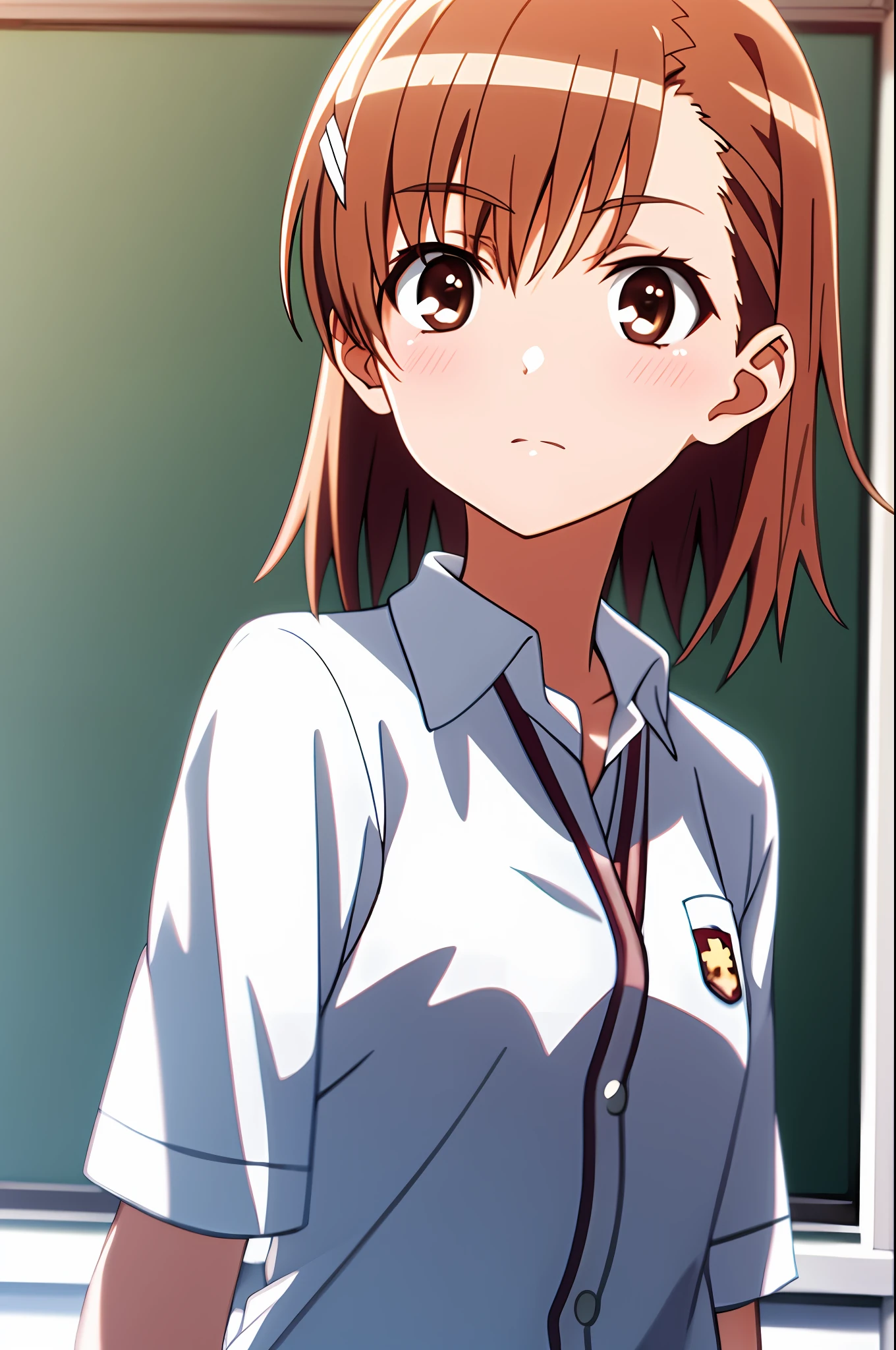 masterpiece, best quality, misaka_mikoto, brown eyes, short_hair, small_breast, looking at viewer, solo, closed_mouth, collared_shirt, school_uniform, shirt, white_shirt, classroom